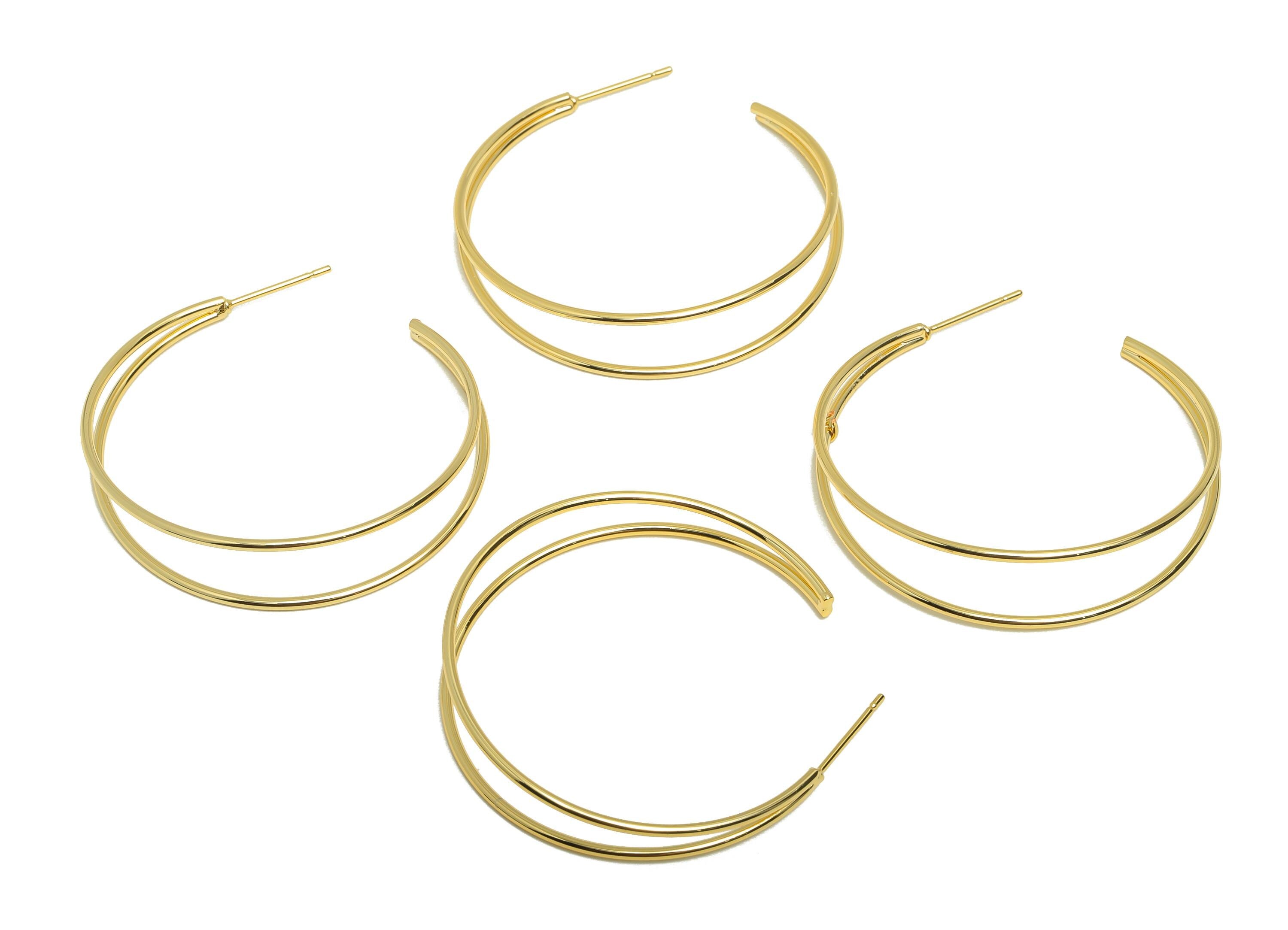 Brass Circle Earring Stud - Gold C Hoop Earring Post - Double-Layered Daily Wear Earring - 18K Real Gold Plated -39.34x6.29x1.28mm - RGP8960 - DOMEDBAZAAR
