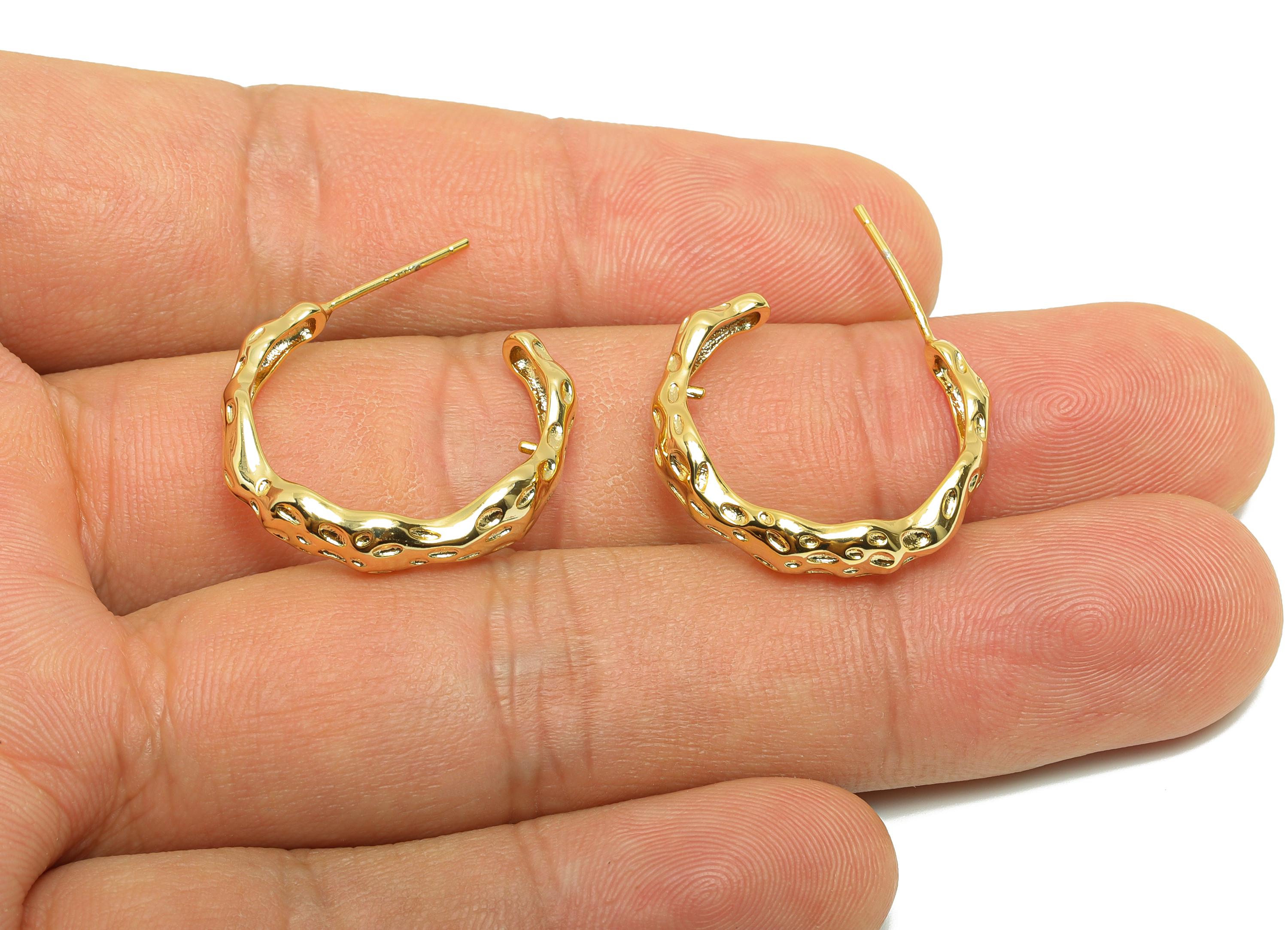 Brass Circle Earring Stud - Gold Open C Hoop Earring Post - Hammered Daily Wear Earring - 18K Real Gold Plated - 23.09x5.04x2.35mm - RGP8961 - DOMEDBAZAAR