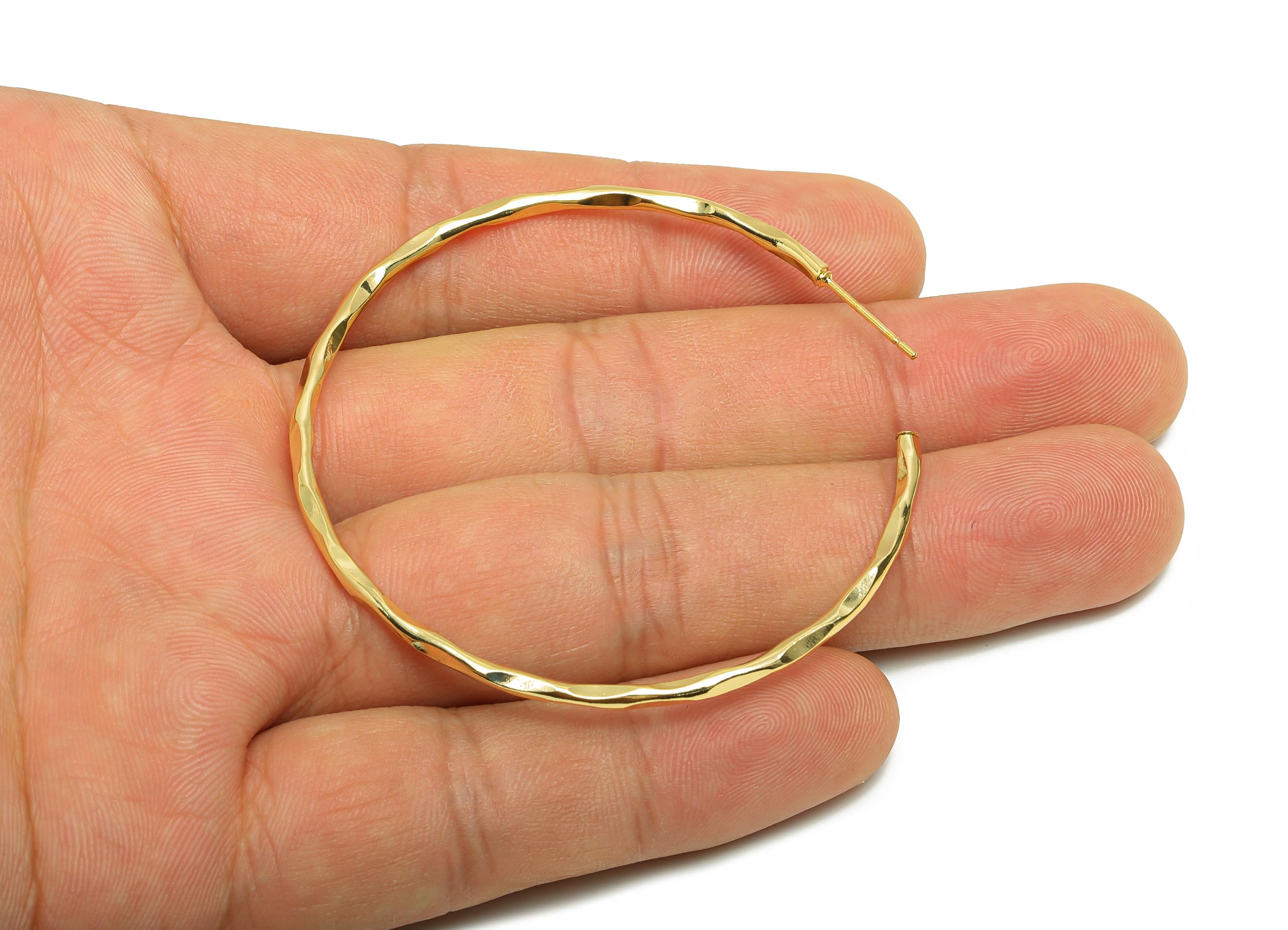 Brass Circle Earring Stud - Gold Huge C Hoop Earring Post - Hammered Daily Wear Earring - 18K Real Gold Plated - 53.18x53.18x1.77mm- RGP8965 - DOMEDBAZAAR