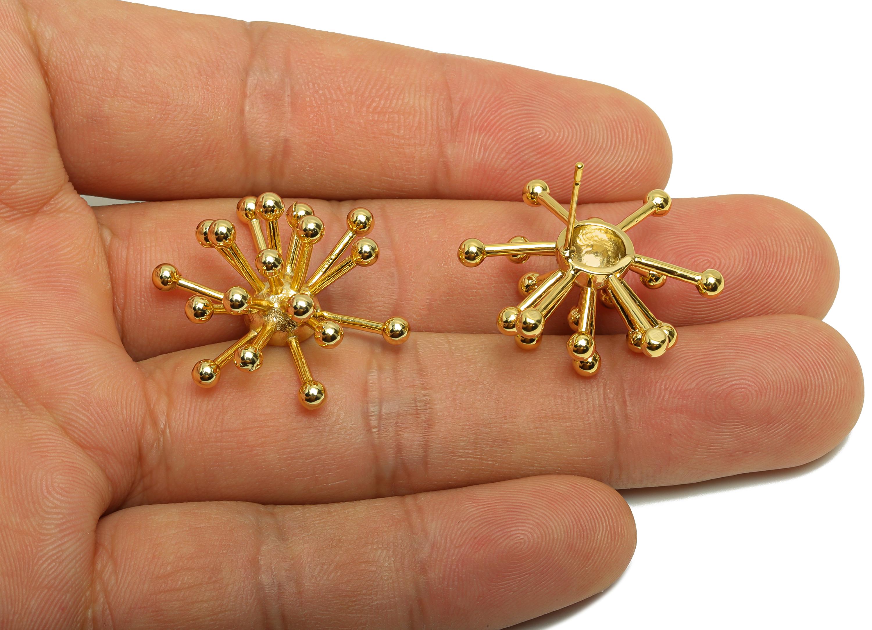 Brass Starburst Earring - Spikes Earring Stud for Women - Gold Sea Urchin Earring Post - 18K Real Gold Plating - 28.5x12.24x2.97mm - RGP8966 - DOMEDBAZAAR