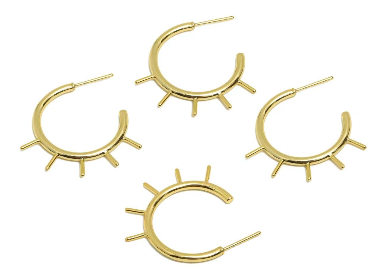 Brass Spiked Earring - Minimalist C Hoop Earring Stud - Gold Open Circle Earring Post - 18K Real Gold Plating - 28.72x7.87x2.08mm - RGP8968 - DOMEDBAZAAR