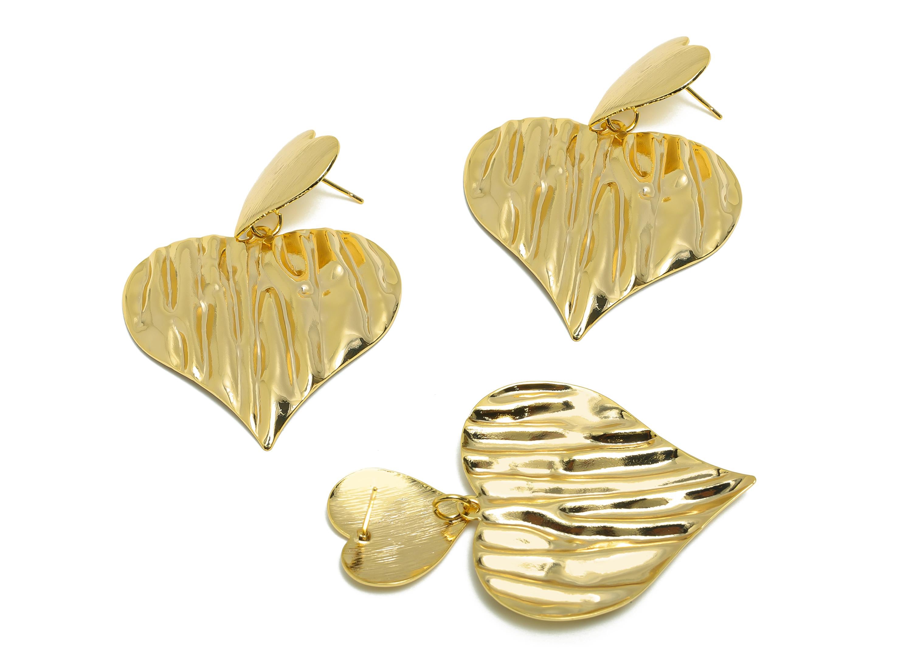 Brass Bold Heart Earring - Brass Unique Texture Heart Earring Post - Gold Vintage Wavy Heart Earring - Romantic Gift - 55x39x2mm - RGP10071 - DOMEDBAZAAR