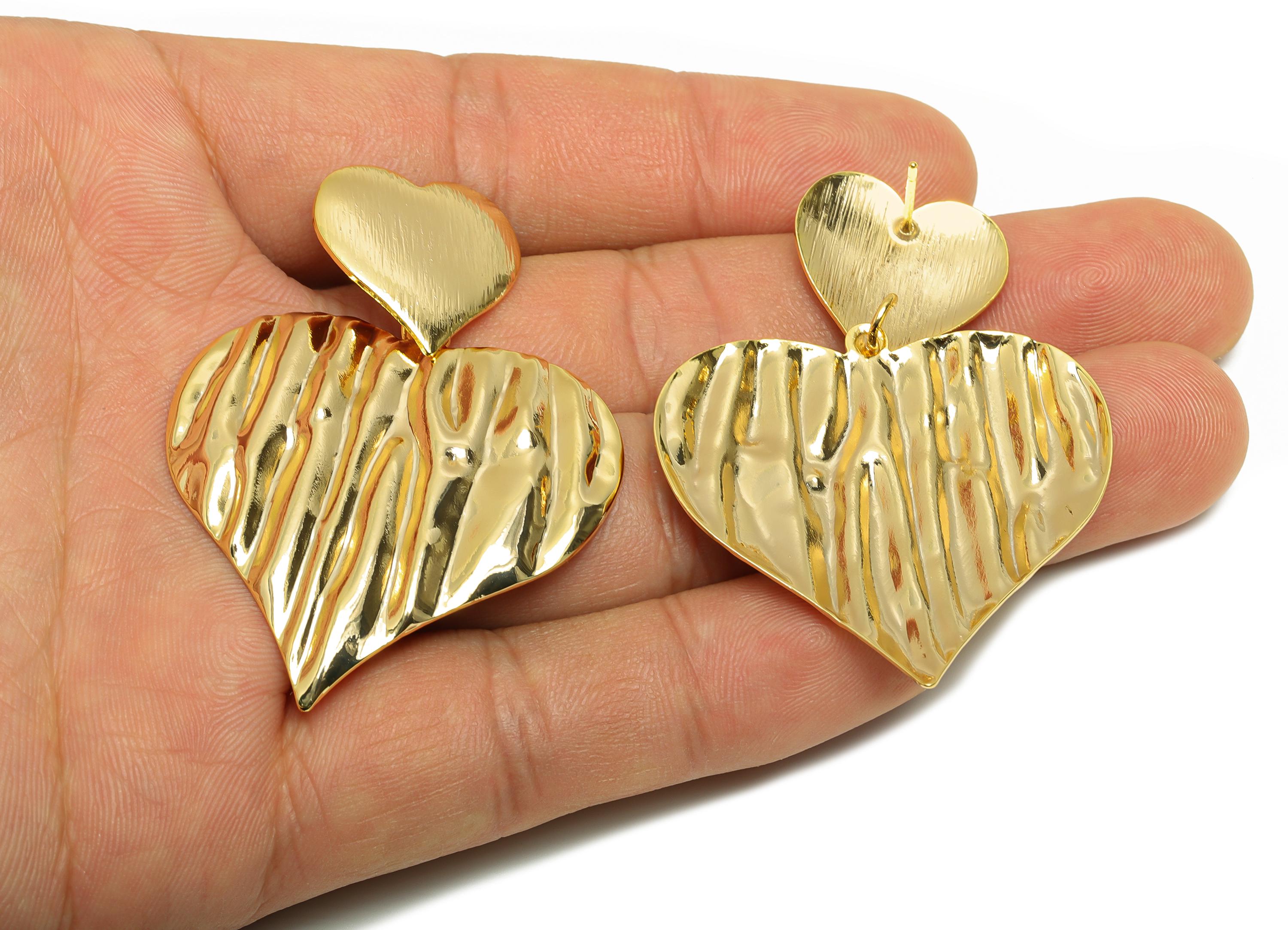 Brass Bold Heart Earring - Brass Unique Texture Heart Earring Post - Gold Vintage Wavy Heart Earring - Romantic Gift - 55x39x2mm - RGP10071 - DOMEDBAZAAR