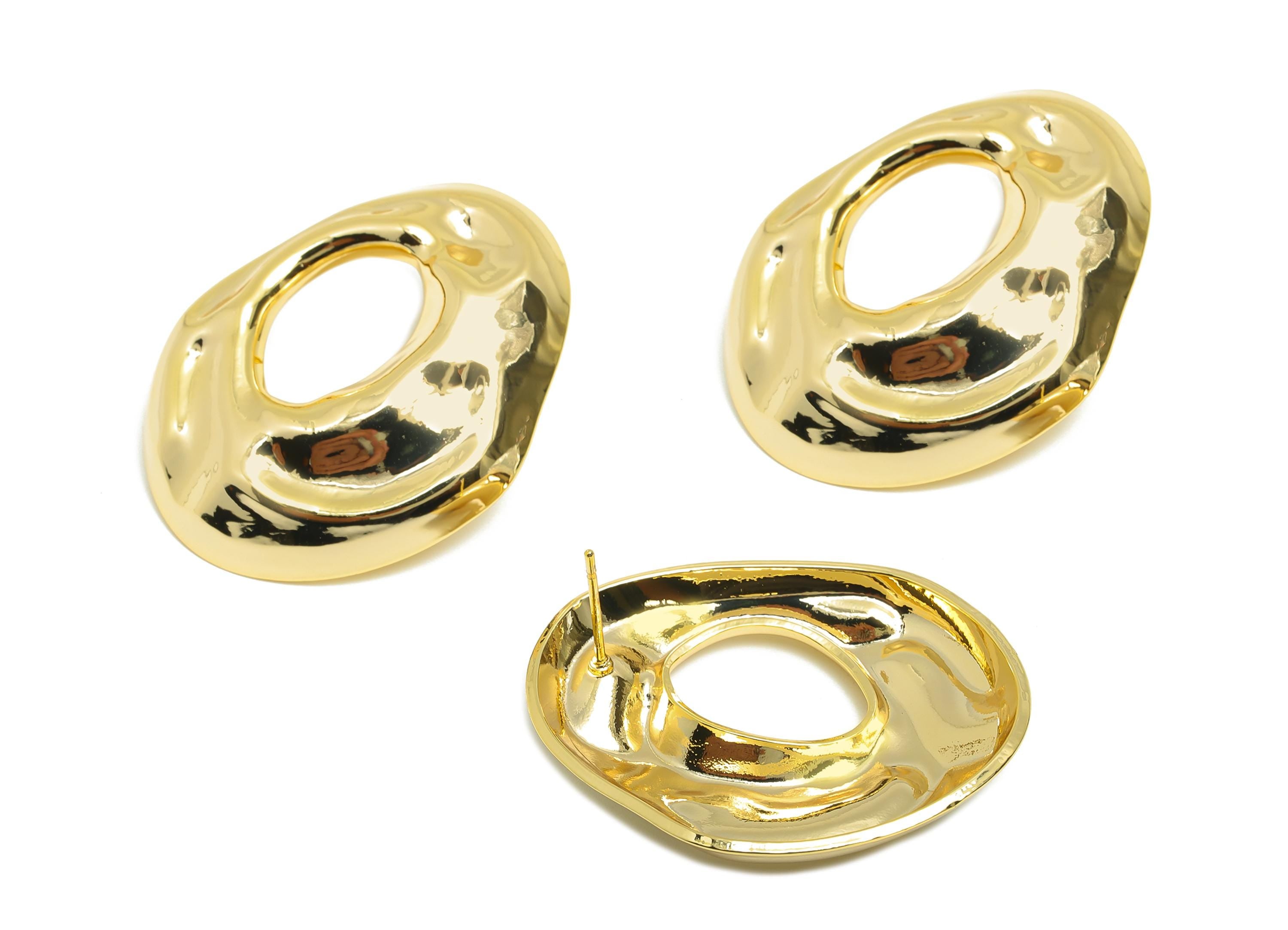 Abstract Hollow Stud Earring - Brass Textured Earrings with Unique Open Center - Abstract Jewelry - Gold Bold Jewelry - 35x28x5mm - RGP10031 - DOMEDBAZAAR