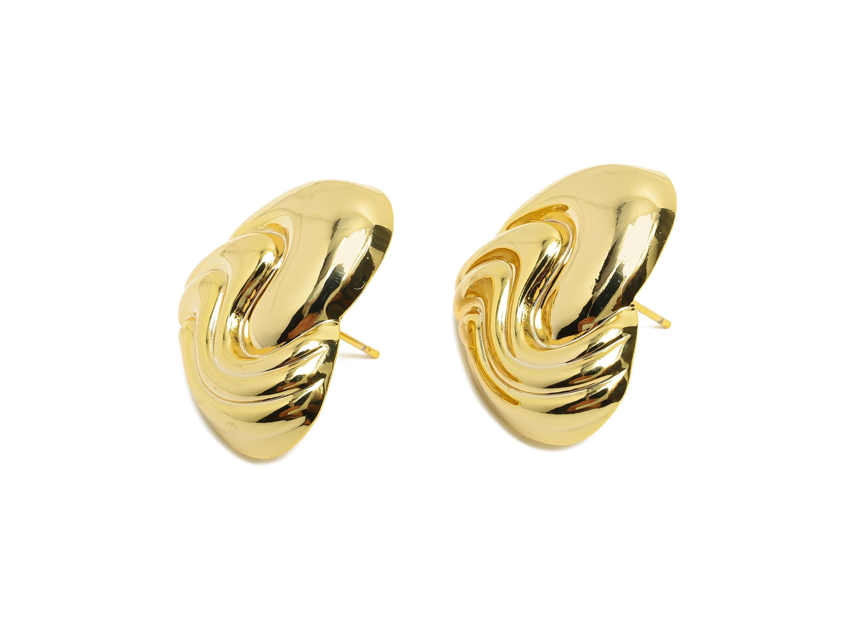 Wavy Heart Stud Earring - Brass Sculpted Gold Heart Textured Earring Stud - Elegant Heart Stud - 18K Real Gold Plated - 27x24x5mm - RGP10027 - DOMEDBAZAAR