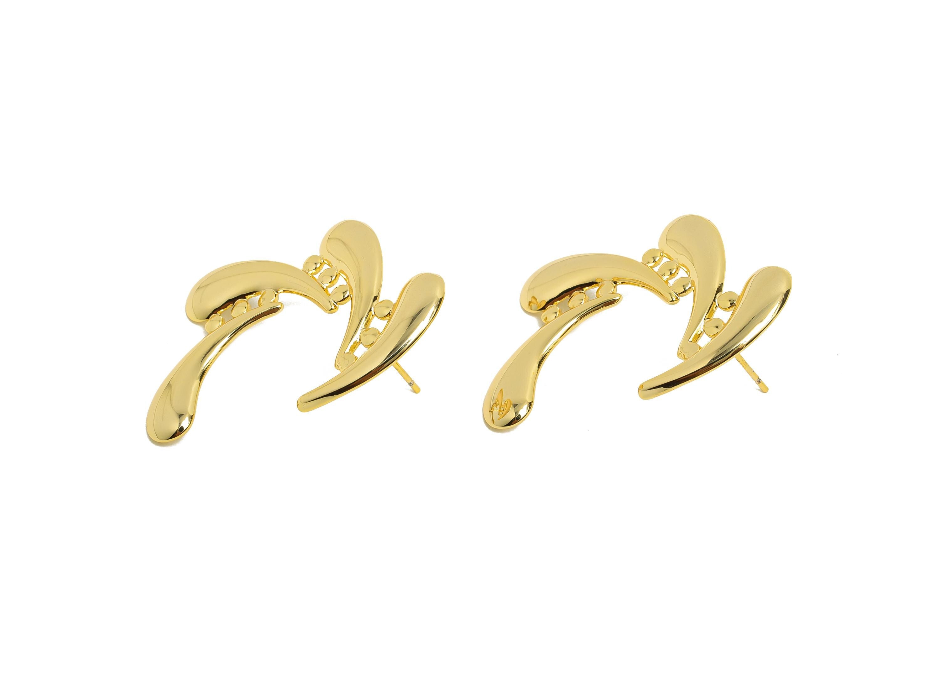 Abstract Swirl Earring Stud - Brass Bold Artistic Gold Earring Post - Fluid Curved Motif - 18k Real Gold Plated - 37x25x2mm - RGP10025 - DOMEDBAZAAR