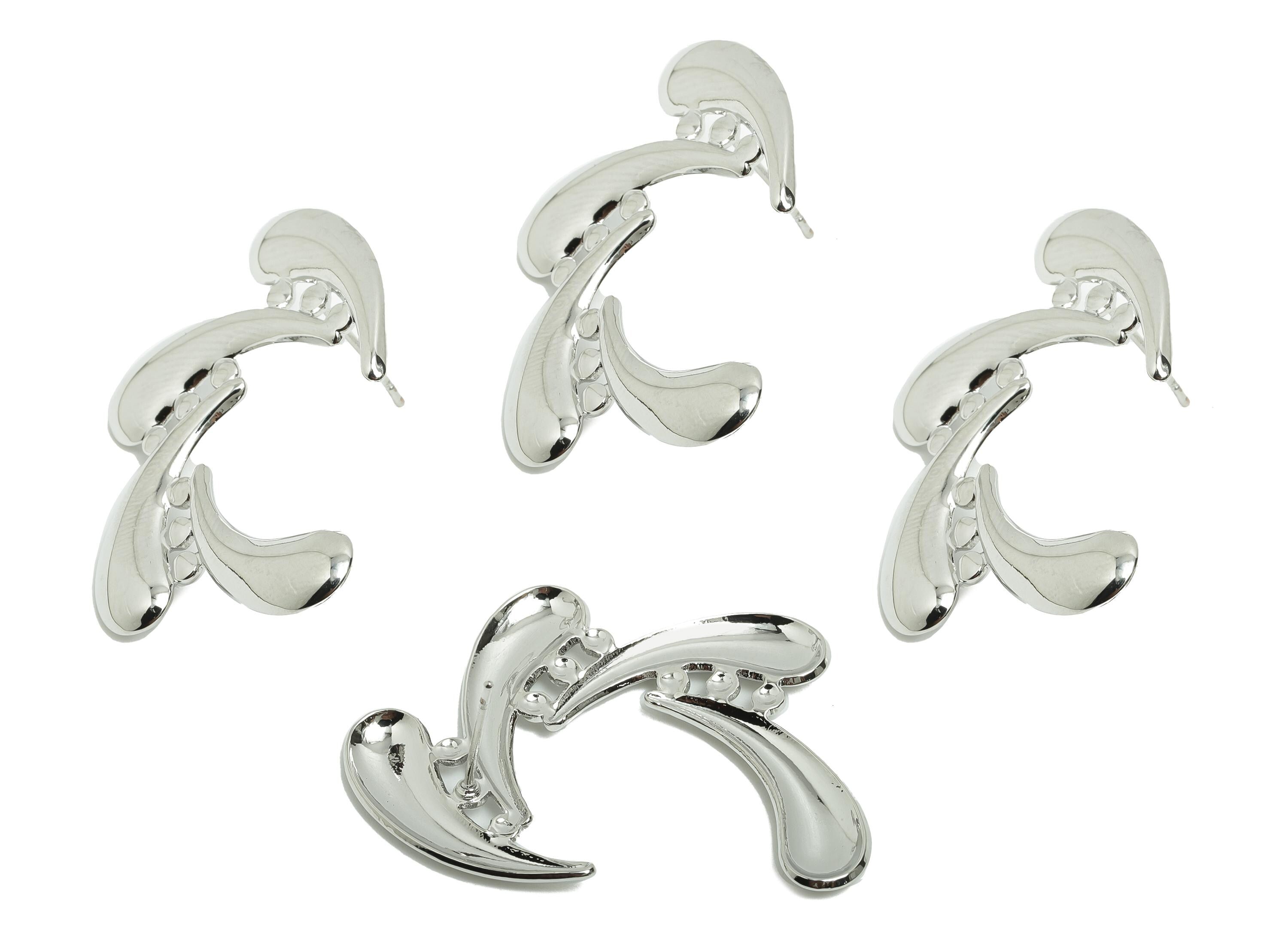 Abstract Swirl Earring Stud - Brass Bold Artistic Earring Post - Fluid Curved Motif - 18k Real White Gold Plated - 37x25x2mm - RGP10024 - DOMEDBAZAAR