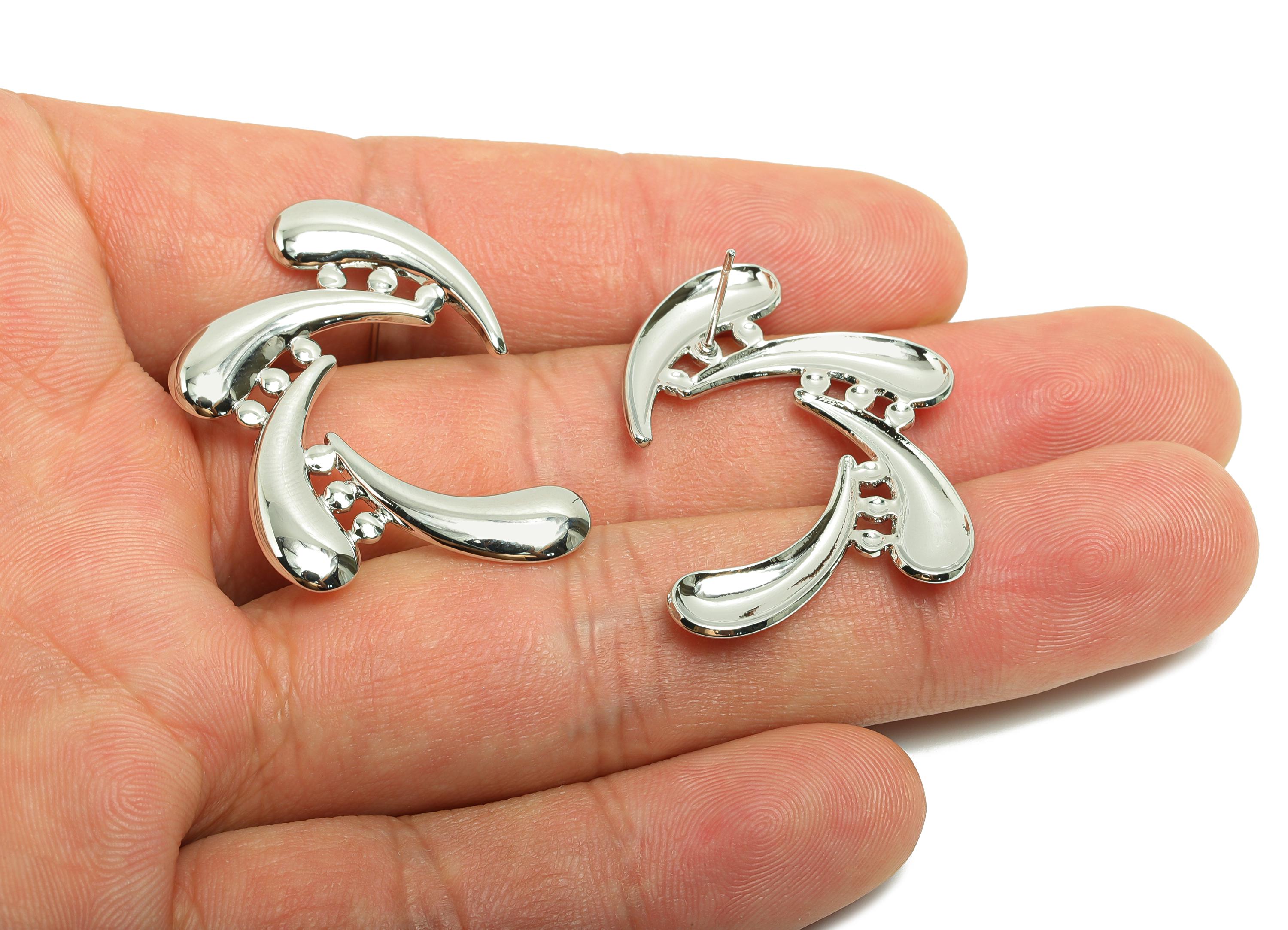 Abstract Swirl Earring Stud - Brass Bold Artistic Earring Post - Fluid Curved Motif - 18k Real White Gold Plated - 37x25x2mm - RGP10024 - DOMEDBAZAAR