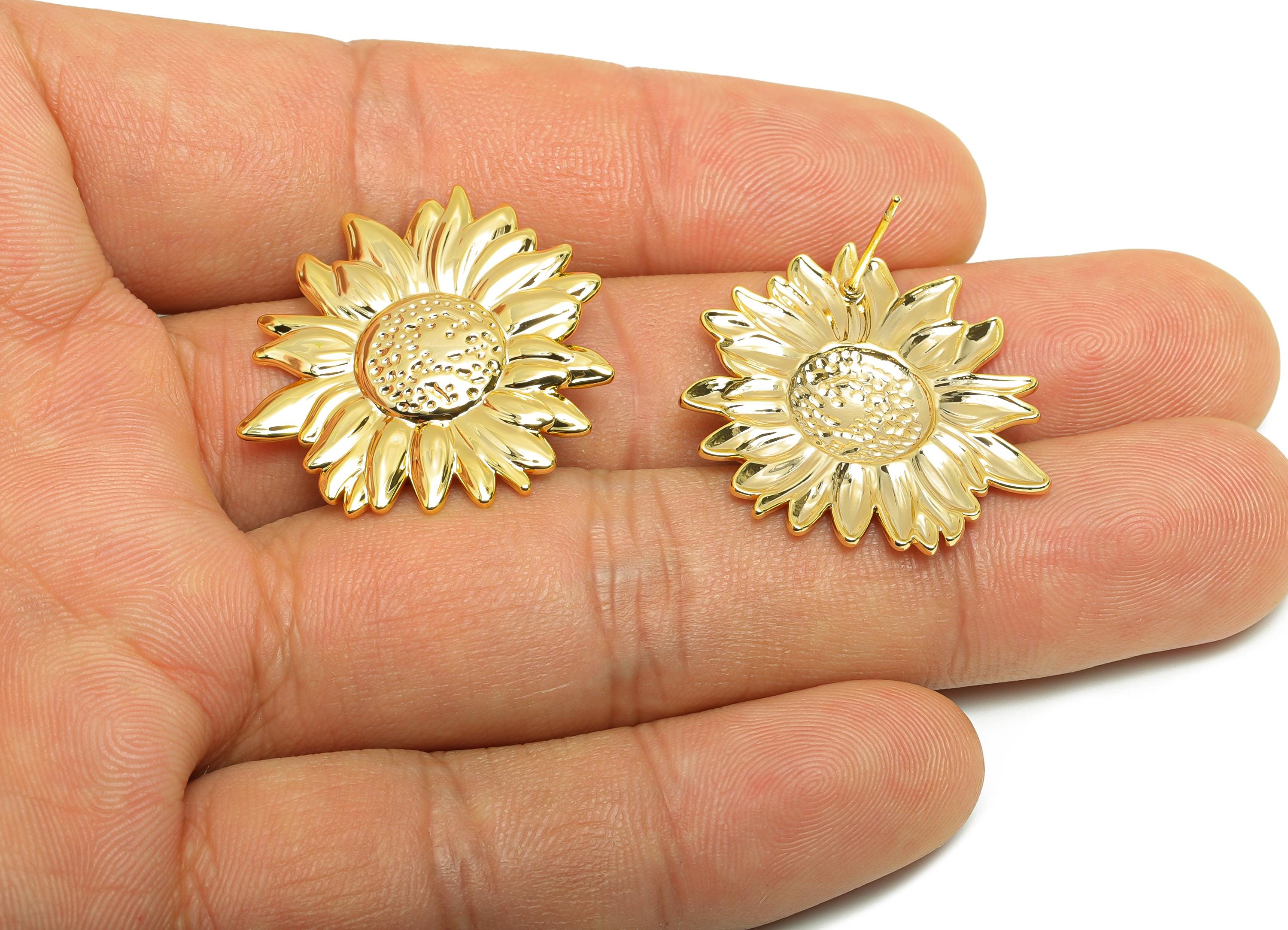 Brass Sunflower Stud Earring - Brass Nature-Inspired Sunflower Earring Post - Delicate Sunflower Earring - Gold Jewelry - 27x26x2mm-RGP10051 - DOMEDBAZAAR