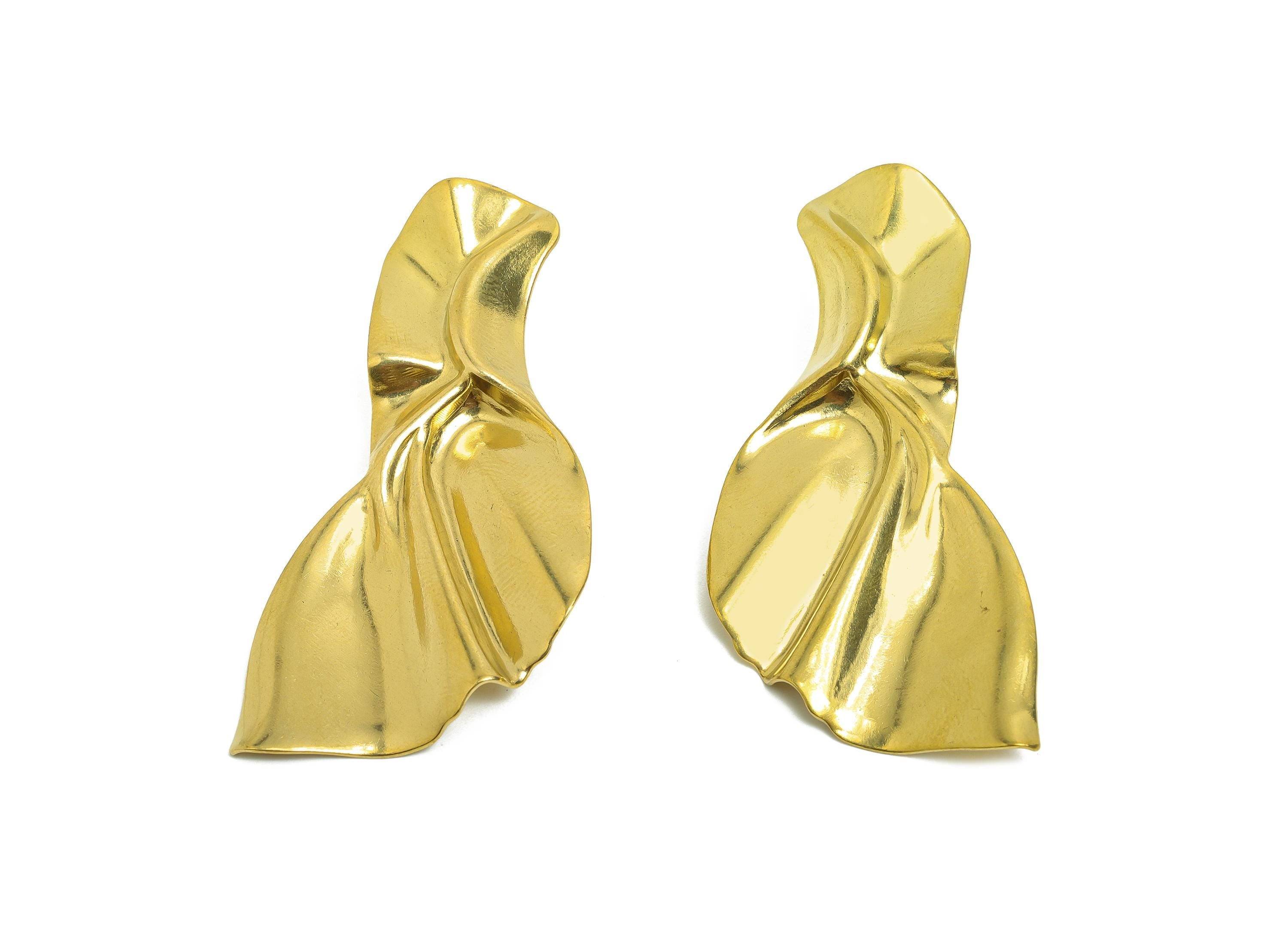 Vintage Irregular Earring - Raw Brass Contemporary Asymmetrical Drape Earring Stud - Sculpted Abstract Statement Earring - 60x31x3mm-PP10797 - DOMEDBAZAAR