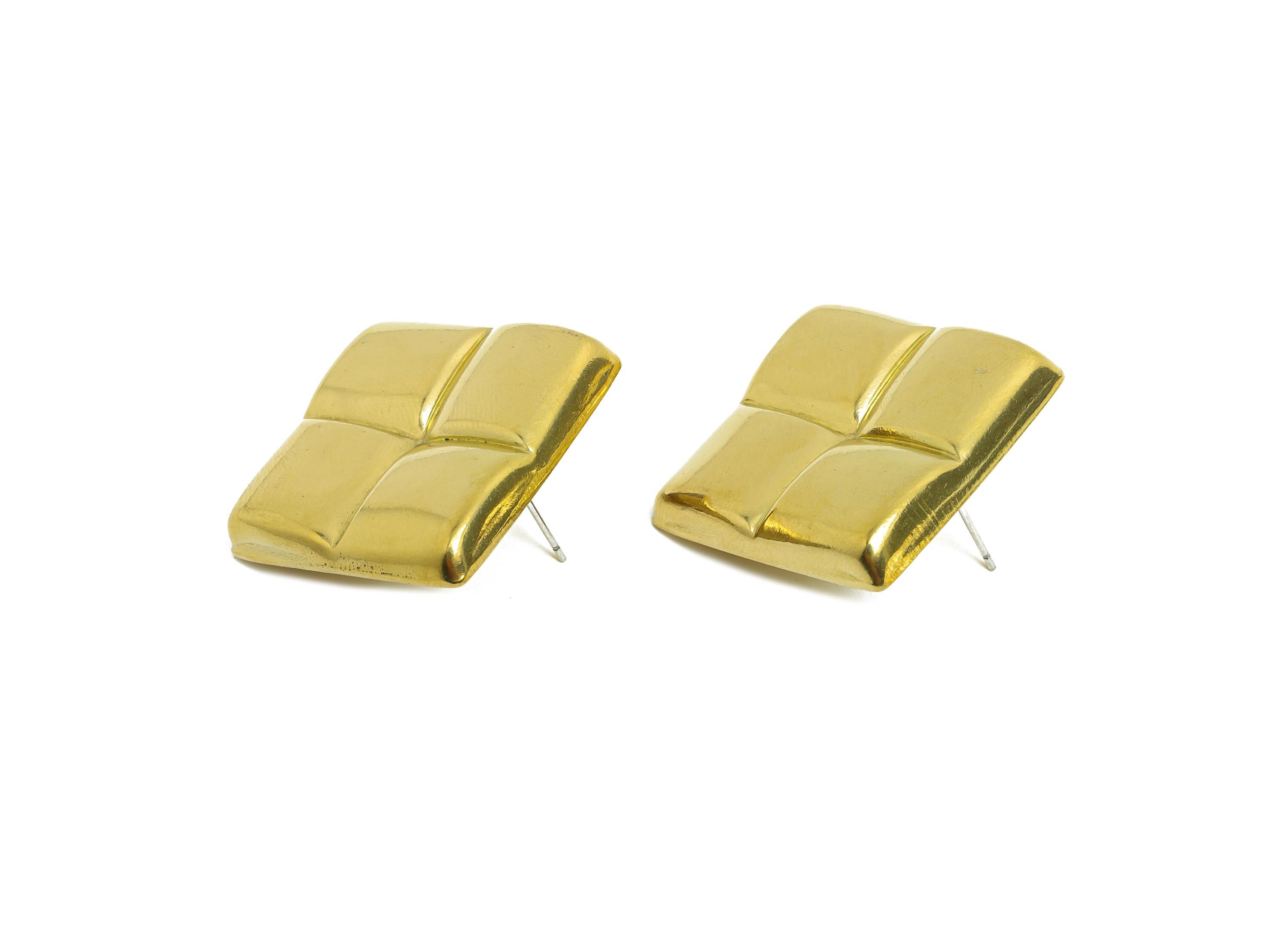 Brass Square Earring Post - Raw Brass Pillow Cushion Square Earring - Brass Geometric Four-Panel Stud Earring - 38.7x29.5x4.6mm - PP10790 - DOMEDBAZAAR