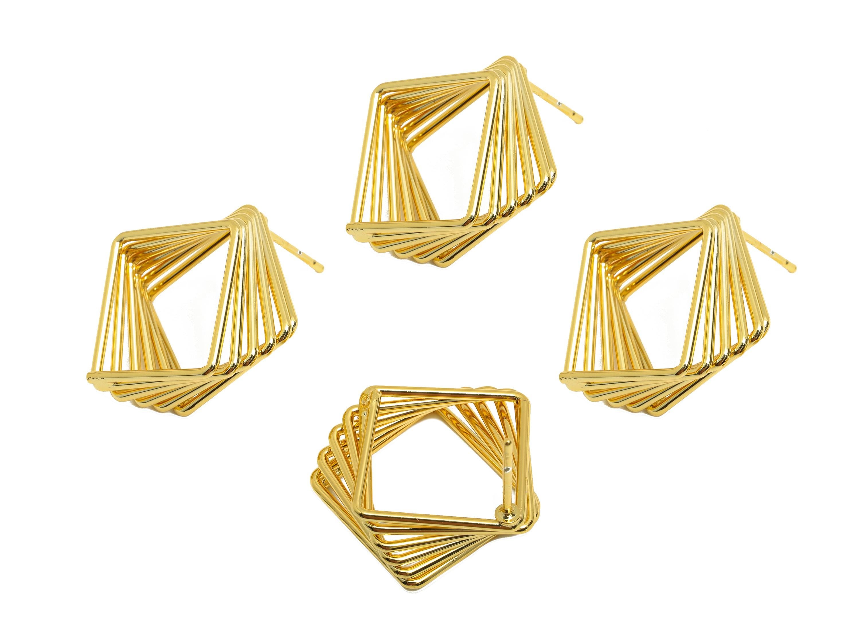 Brass Layered Earring Stud - Gold Square Earring Post for Women - Geometric Daily Wear Ear - 18K Real Gold Plated-15.93x15.93x1.36mm-RGP8975 - DOMEDBAZAAR