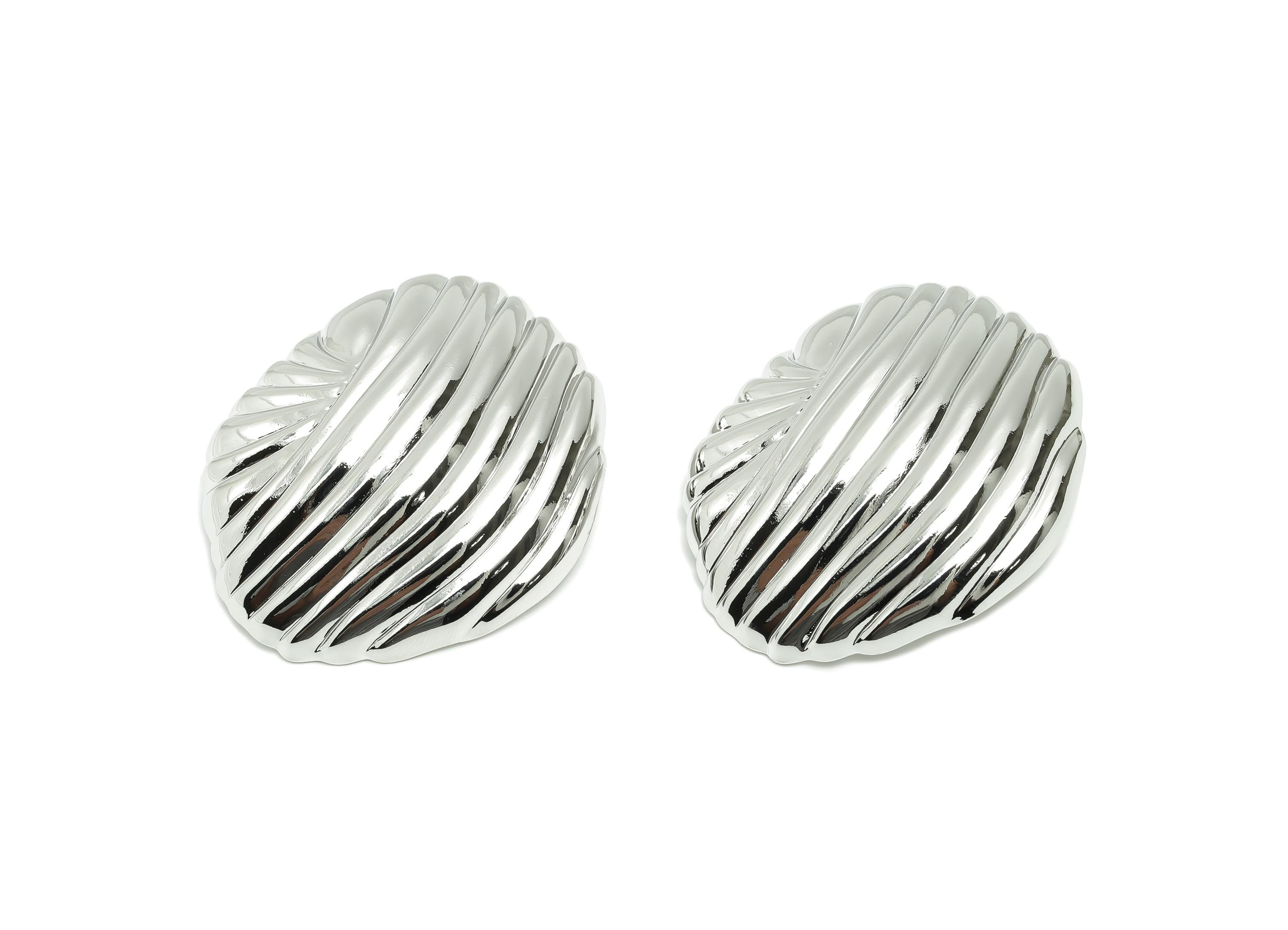 Brass Shell Earring - Brass Textured Bold Shell Earring - Silver Textured Wave Earring - Vintage-Inspired Rippled Stud - 49x41x8mm -RGP10078 - DOMEDBAZAAR