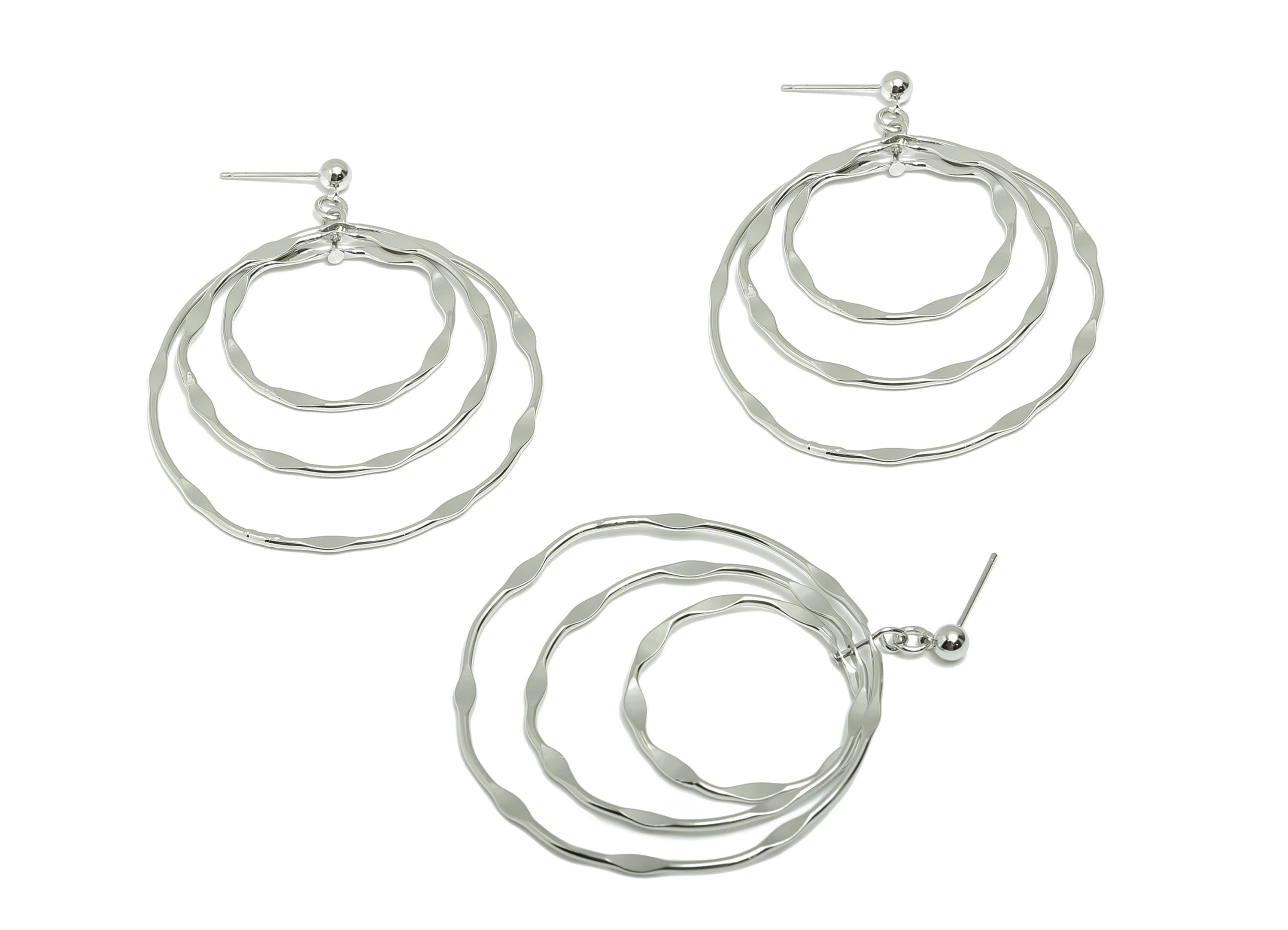 Hammered Earring Stud - Brass Boho Chic Layered Hoop Earring Post - Hammered Dangle Earring Post - White Gold Plated - 58x47x4mm - RGP10118 - DOMEDBAZAAR