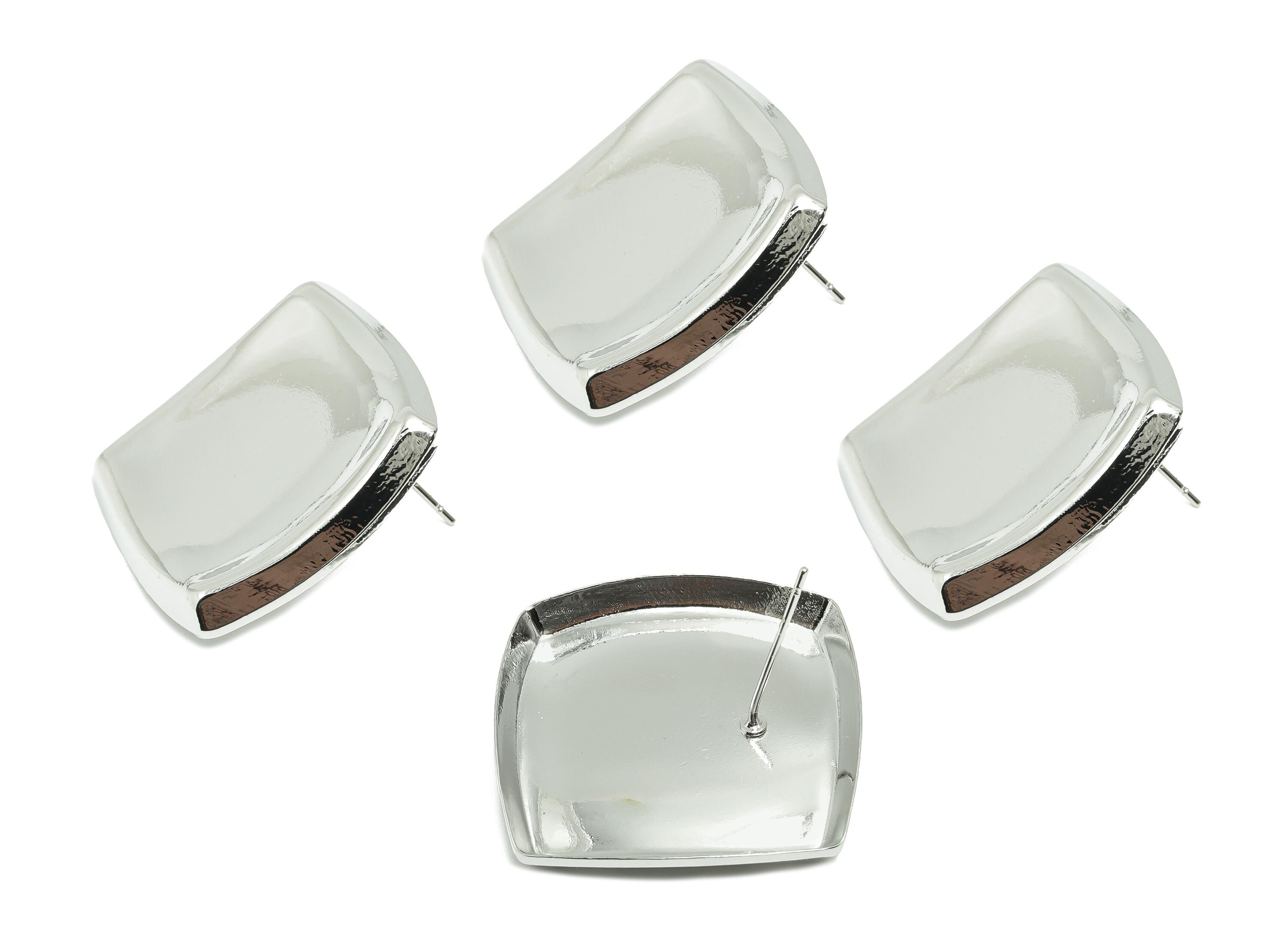 Bold Square Concave Earring - Brass Elegant Concave Stud Earring - Geometry Sleek Stud Earring - White Gold Plated - 34x28x3mm - RGP10074 - DOMEDBAZAAR