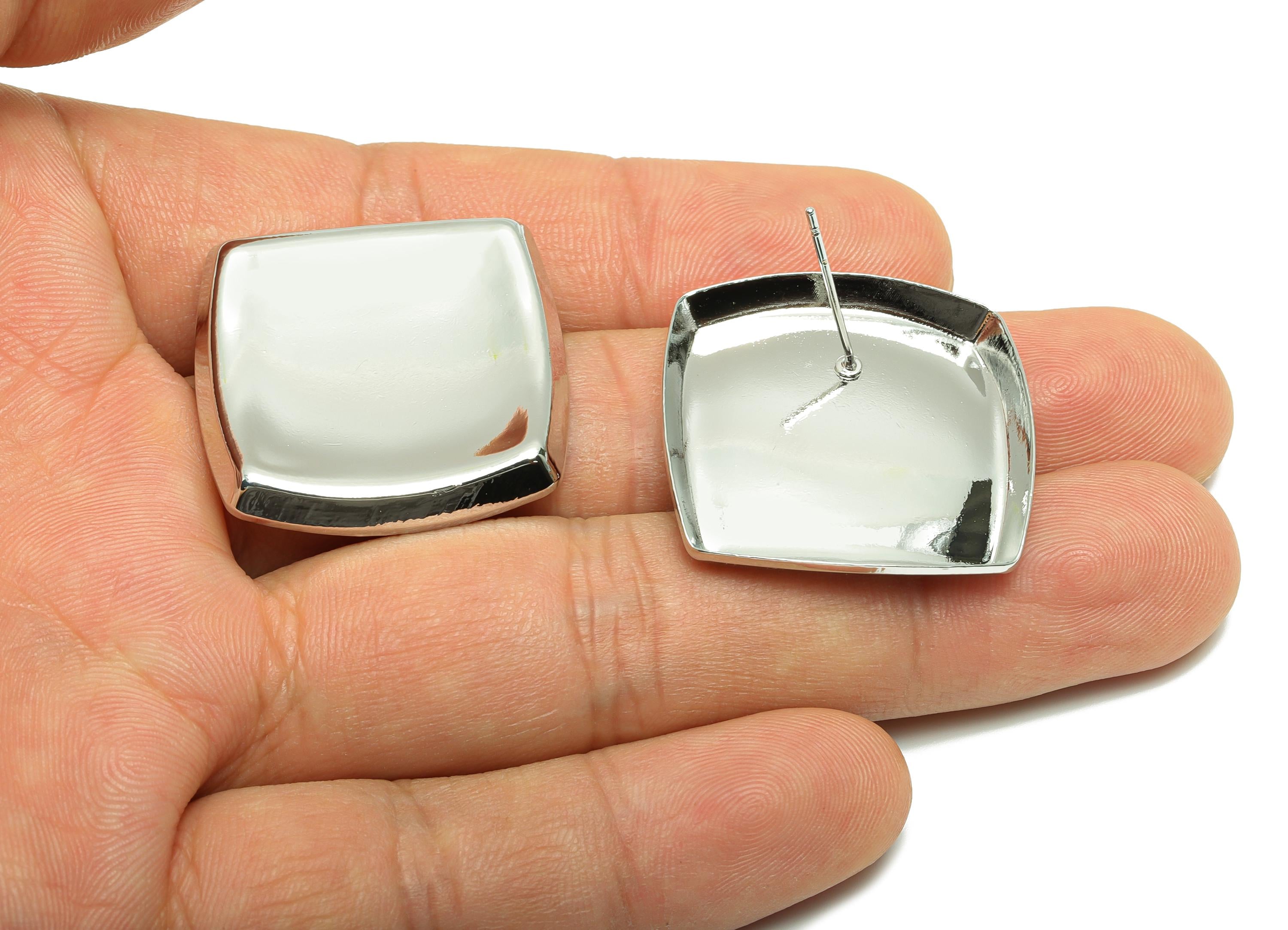 Bold Square Concave Earring - Brass Elegant Concave Stud Earring - Geometry Sleek Stud Earring - White Gold Plated - 34x28x3mm - RGP10074 - DOMEDBAZAAR