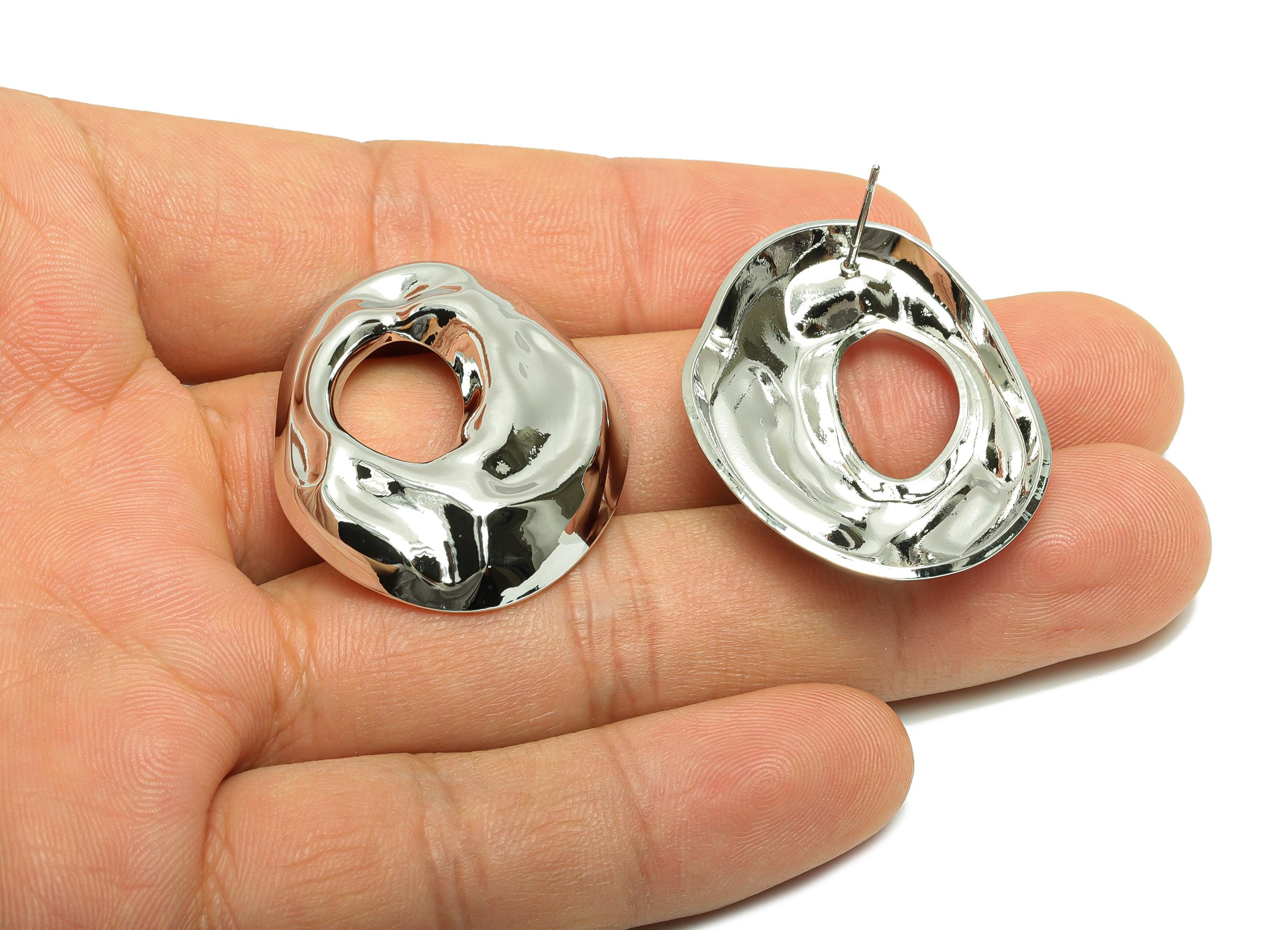 Abstract Hollow Stud Earring - Brass Textured Earrings Unique Open Center - Abstract Jewelry - Silver Bold Jewelry - 35x28x5mm - RGP10030 - DOMEDBAZAAR