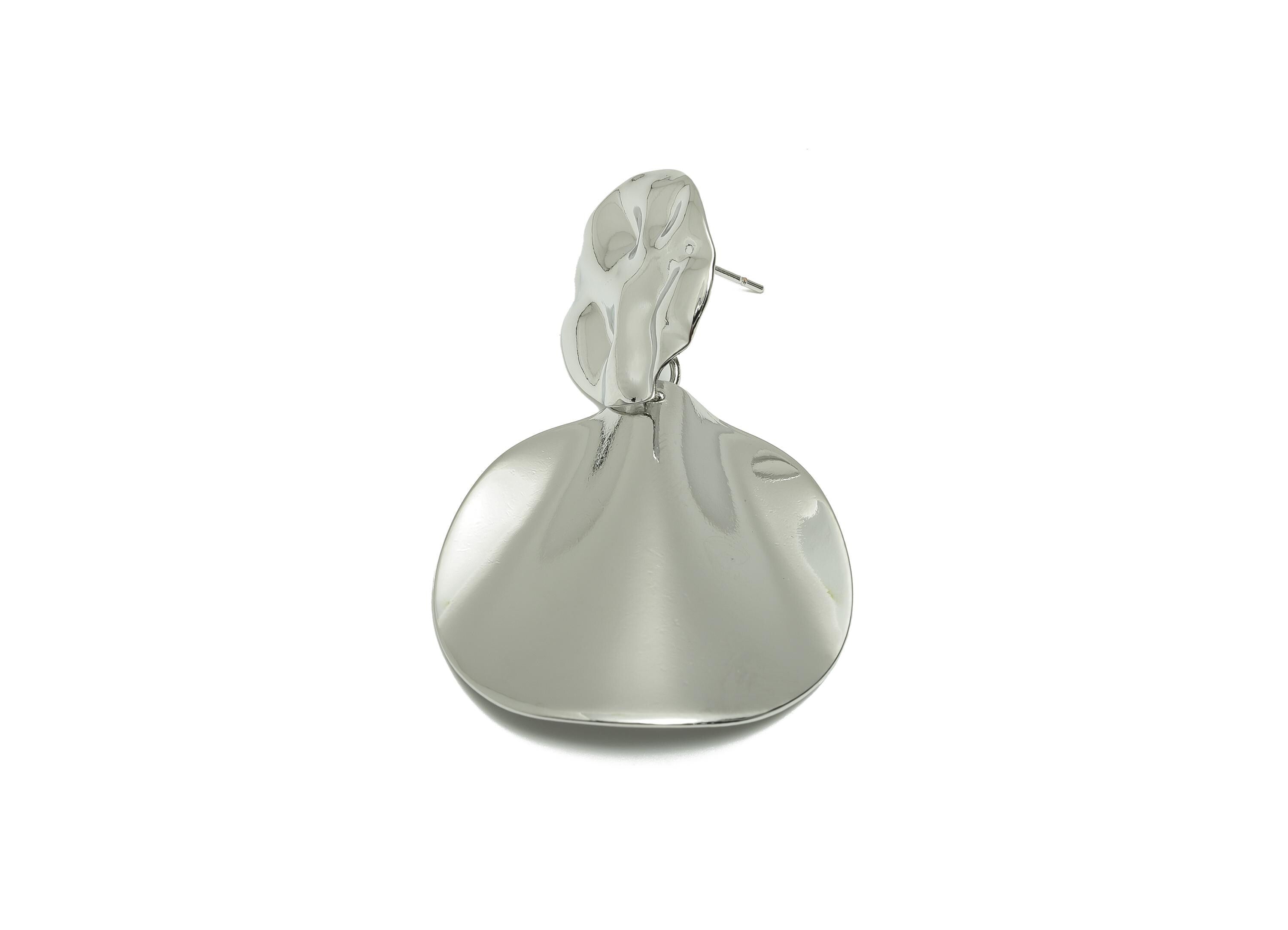 Brass Artistic Round Earring - Brass Unique Texture Wavy Earring Post - Vintage Dangle Earring - White  Gold Plated - 50x33x4mm - RGP10082 - DOMEDBAZAAR