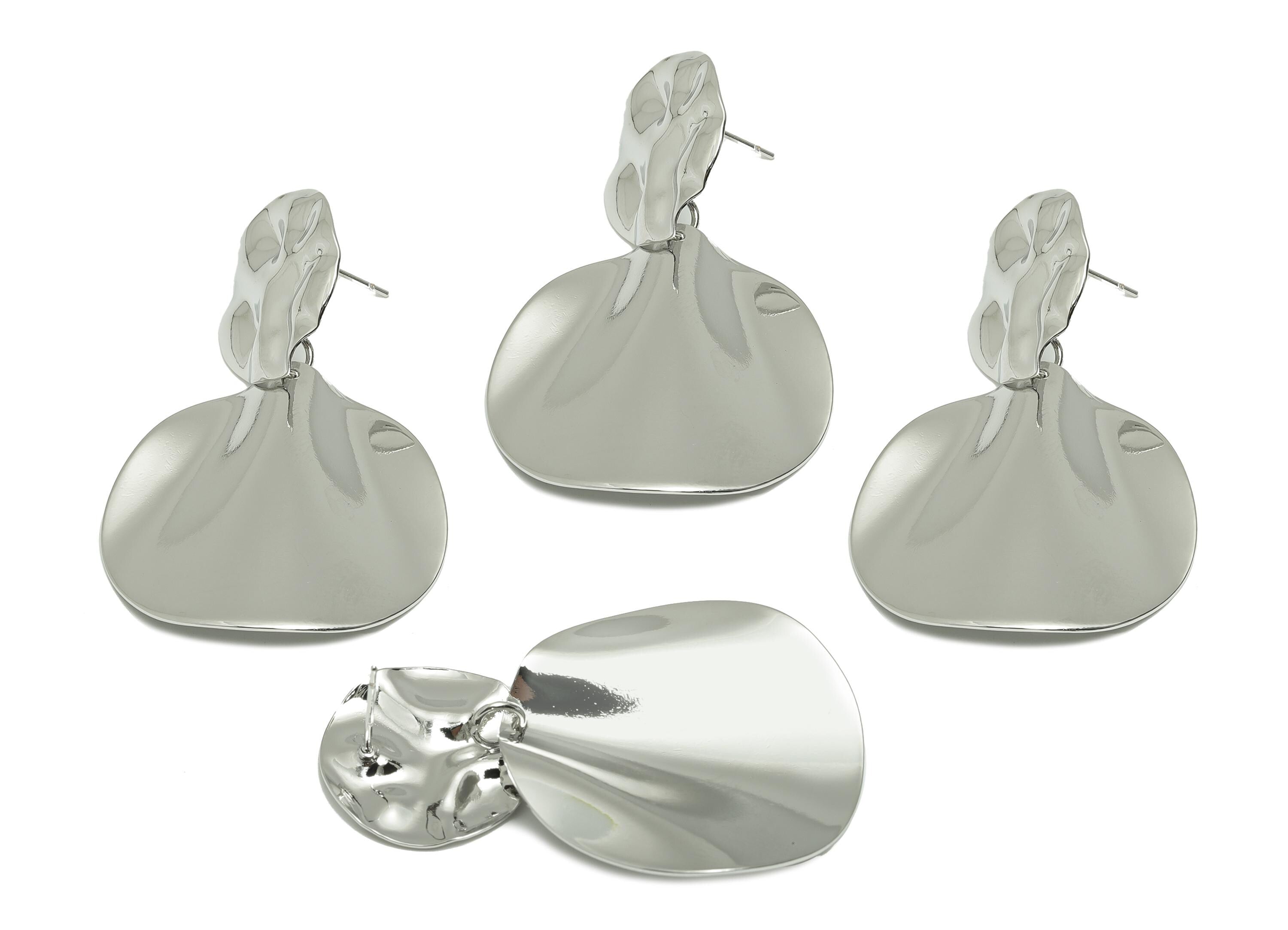 Brass Artistic Round Earring - Brass Unique Texture Wavy Earring Post - Vintage Dangle Earring - White  Gold Plated - 50x33x4mm - RGP10082 - DOMEDBAZAAR