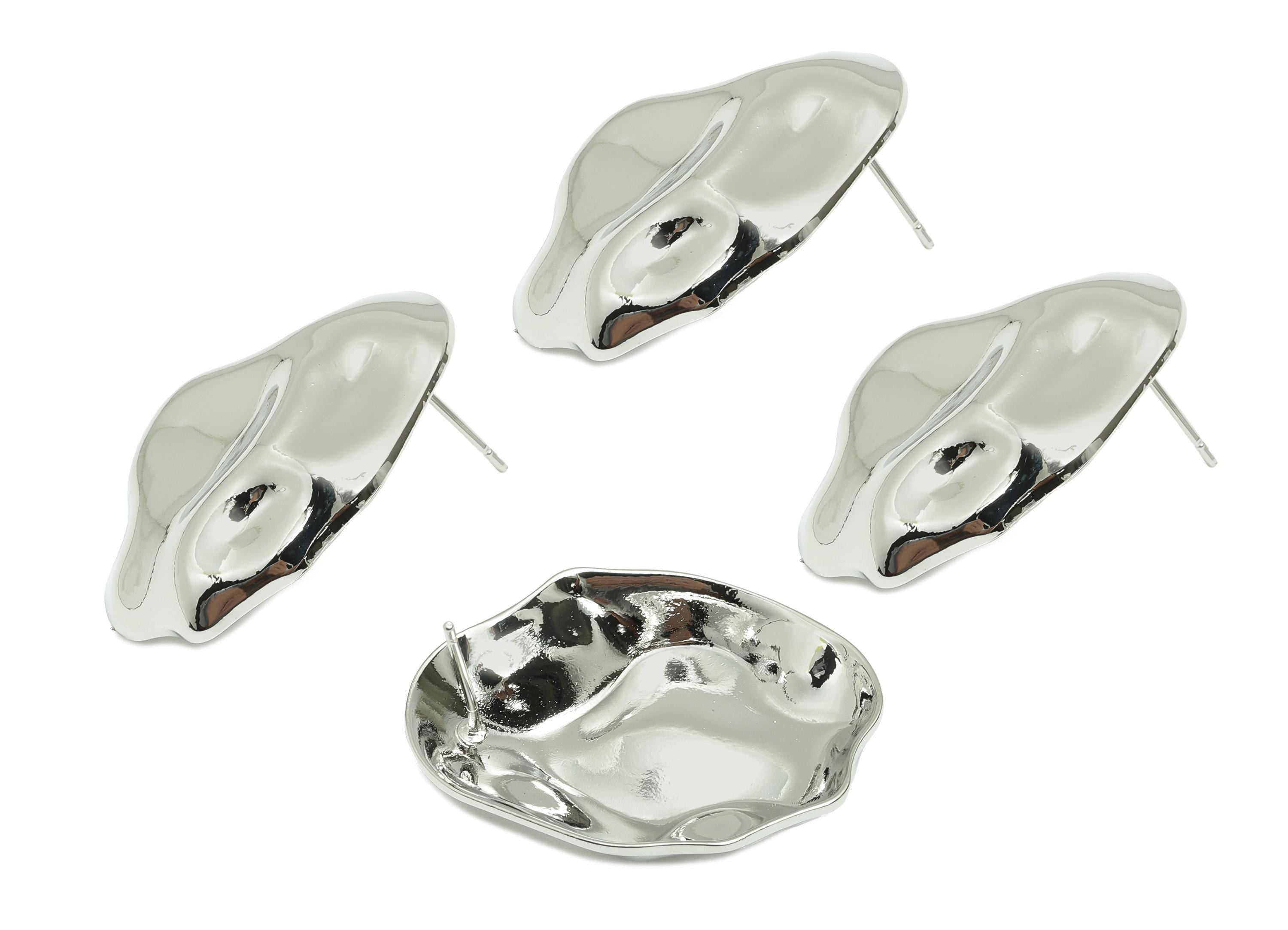 Brass Abstract Earring - Brass Sculpted Organic Earring Post - Textured Unique Abstract Jewelry - White Gold Plated - 30x22x5mm - RGP10072 - DOMEDBAZAAR