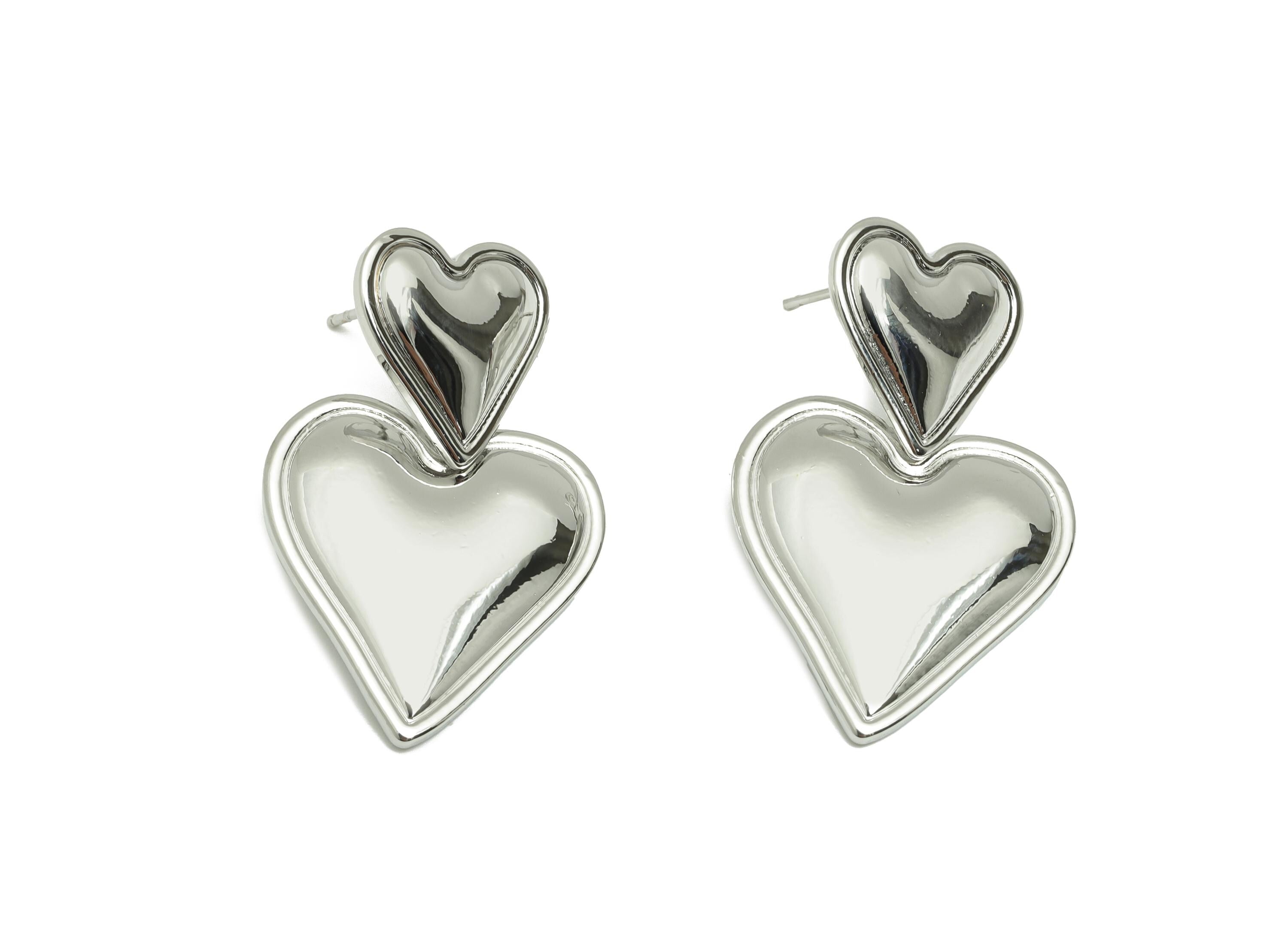 Romantic Dangle Heart Earring - Brass Silver Shiny Finish Earring Stud - Valentine&#39;s Day Jewelry - White Gold Plated - 31x20x2mm - RGP10076 - DOMEDBAZAAR