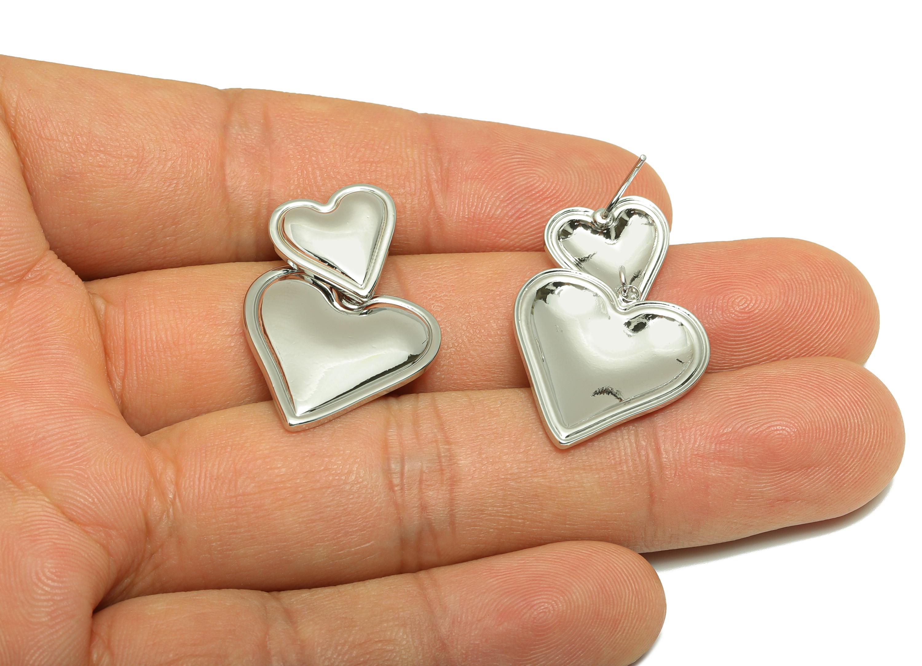 Romantic Dangle Heart Earring - Brass Silver Shiny Finish Earring Stud - Valentine&#39;s Day Jewelry - White Gold Plated - 31x20x2mm - RGP10076 - DOMEDBAZAAR