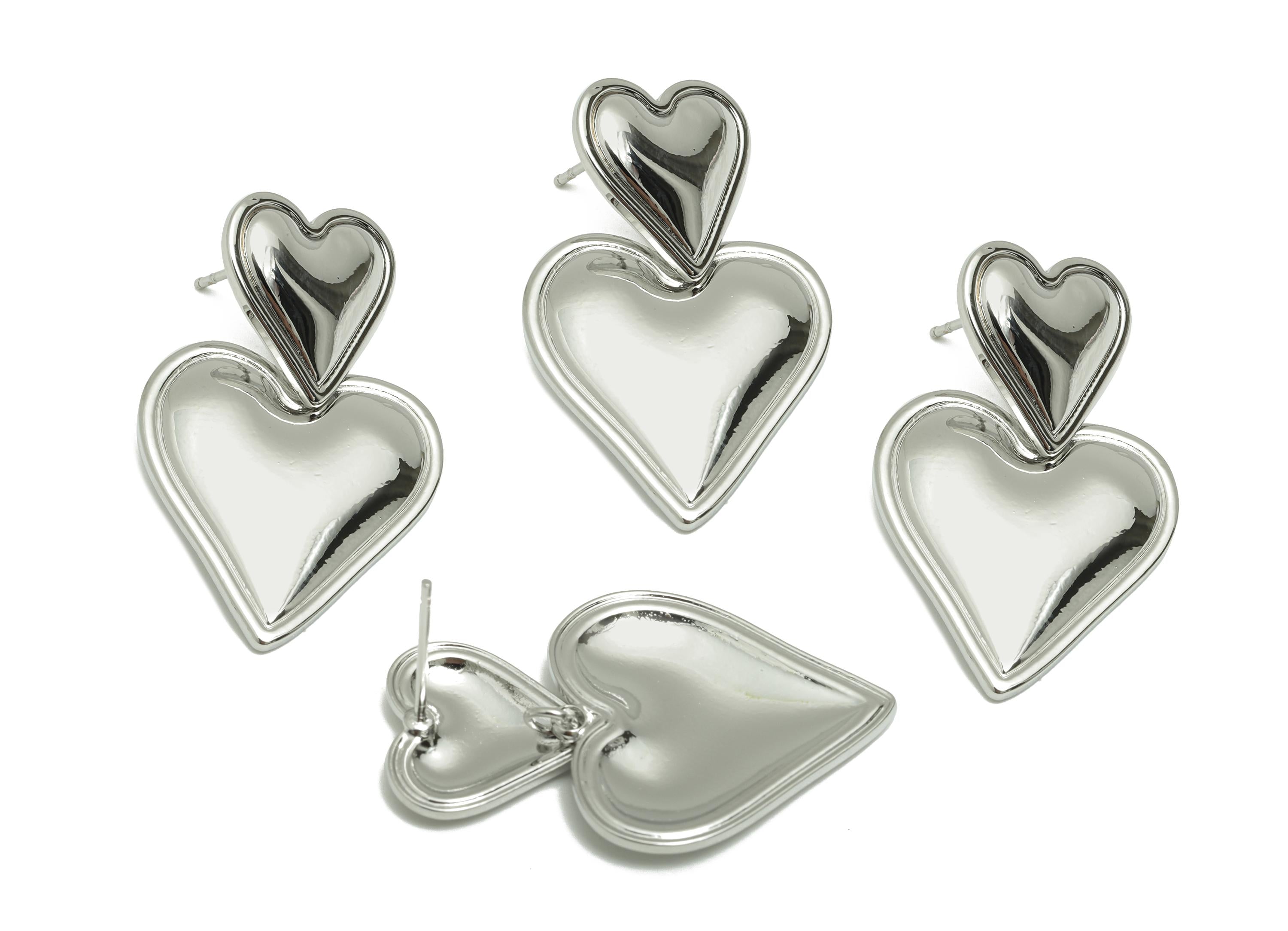 Romantic Dangle Heart Earring - Brass Silver Shiny Finish Earring Stud - Valentine&#39;s Day Jewelry - White Gold Plated - 31x20x2mm - RGP10076 - DOMEDBAZAAR
