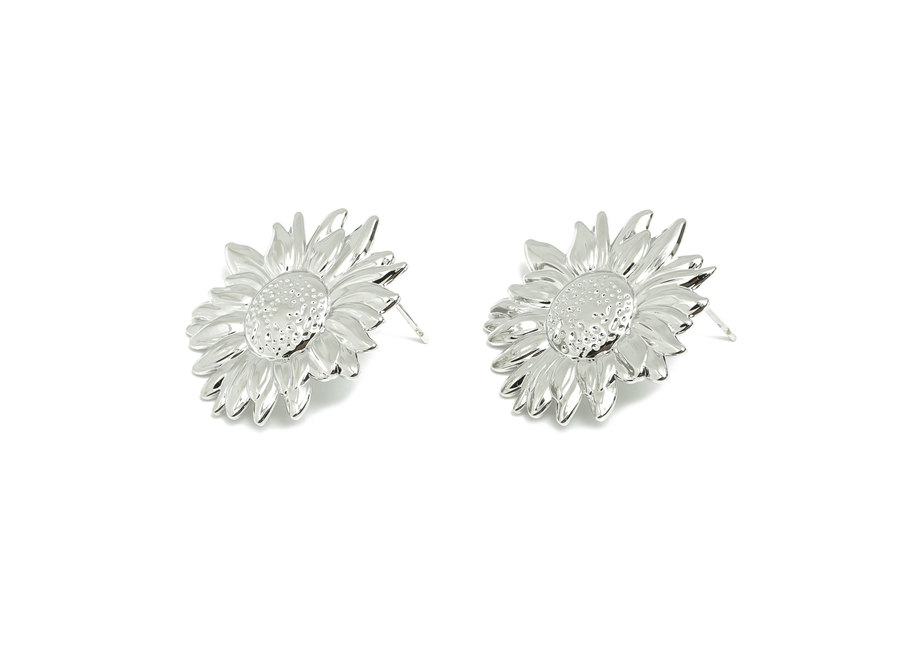 Brass Sunflower Earring - Brass Nature-Inspired Sunflower Earring Post - Delicate Sunflower Earring - White Gold Plated - 27x26x2mm-RGP10050 - DOMEDBAZAAR