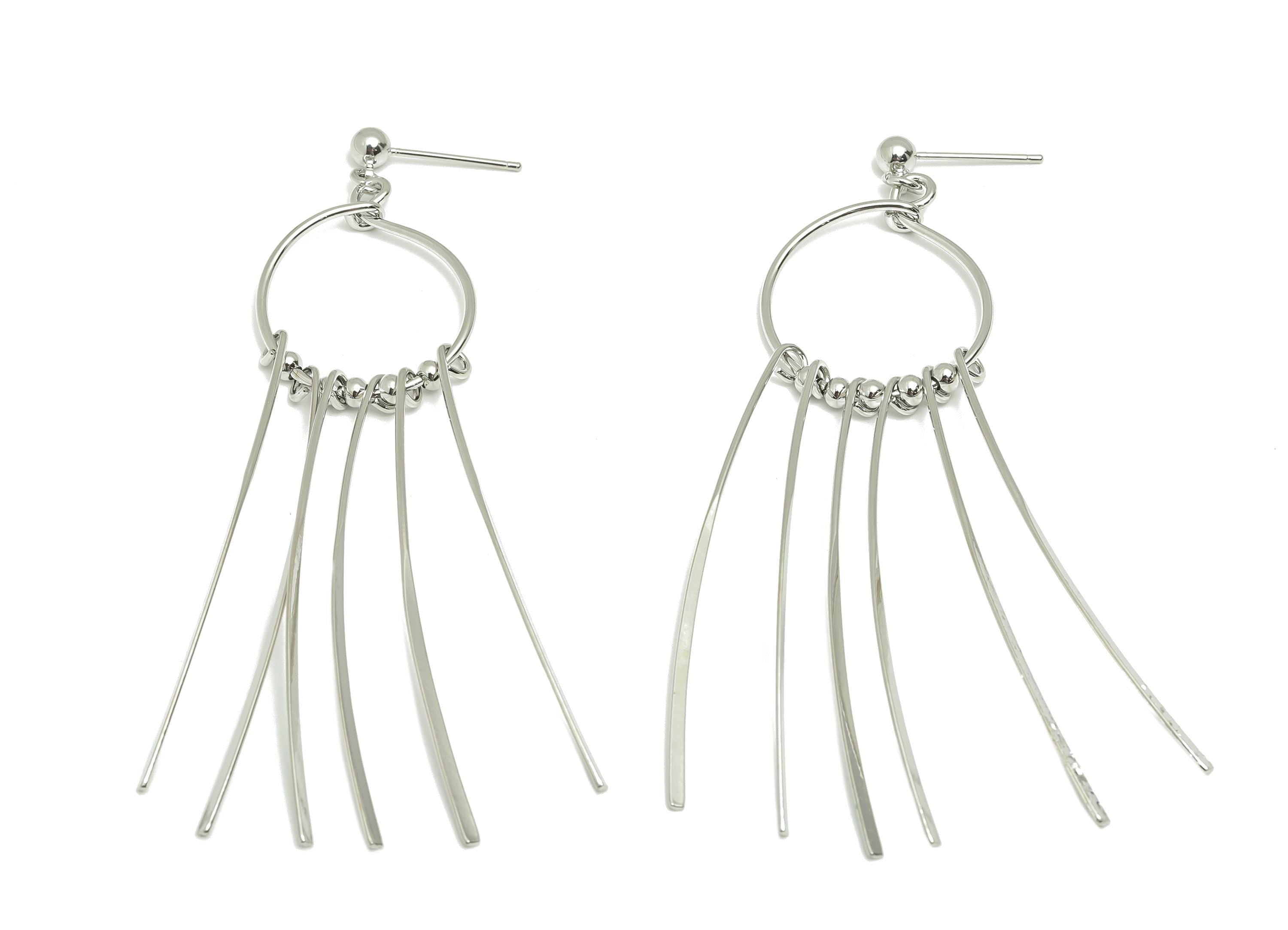 Dangle Tassel Earring Stud - Brass Boho Hammered Tassel Post - Layered Fringe Earring Bold Post - White Gold Plated - 82x22x4mm - RGP10112 - DOMEDBAZAAR