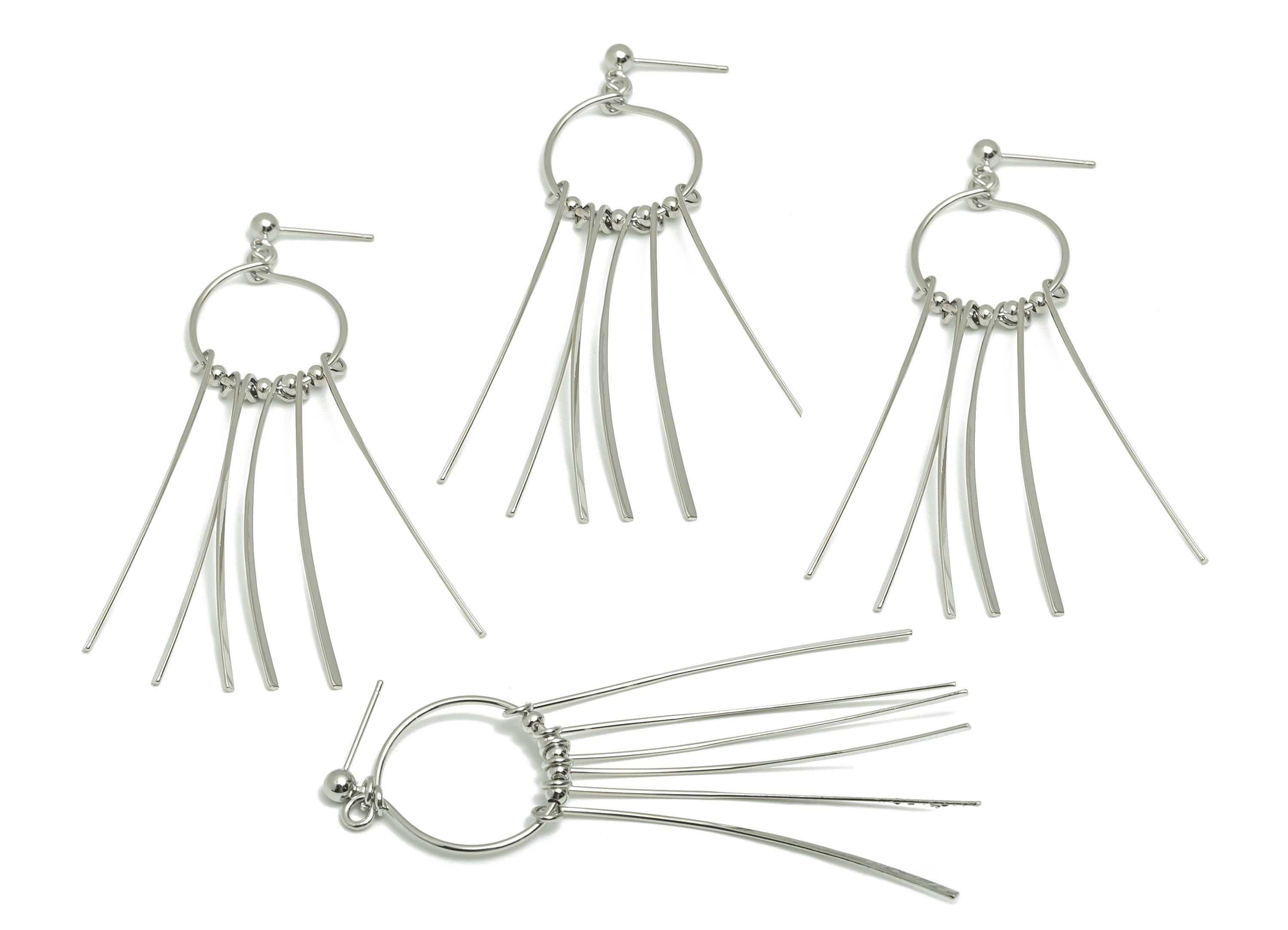 Dangle Tassel Earring Stud - Brass Boho Hammered Tassel Post - Layered Fringe Earring Bold Post - White Gold Plated - 82x22x4mm - RGP10112 - DOMEDBAZAAR