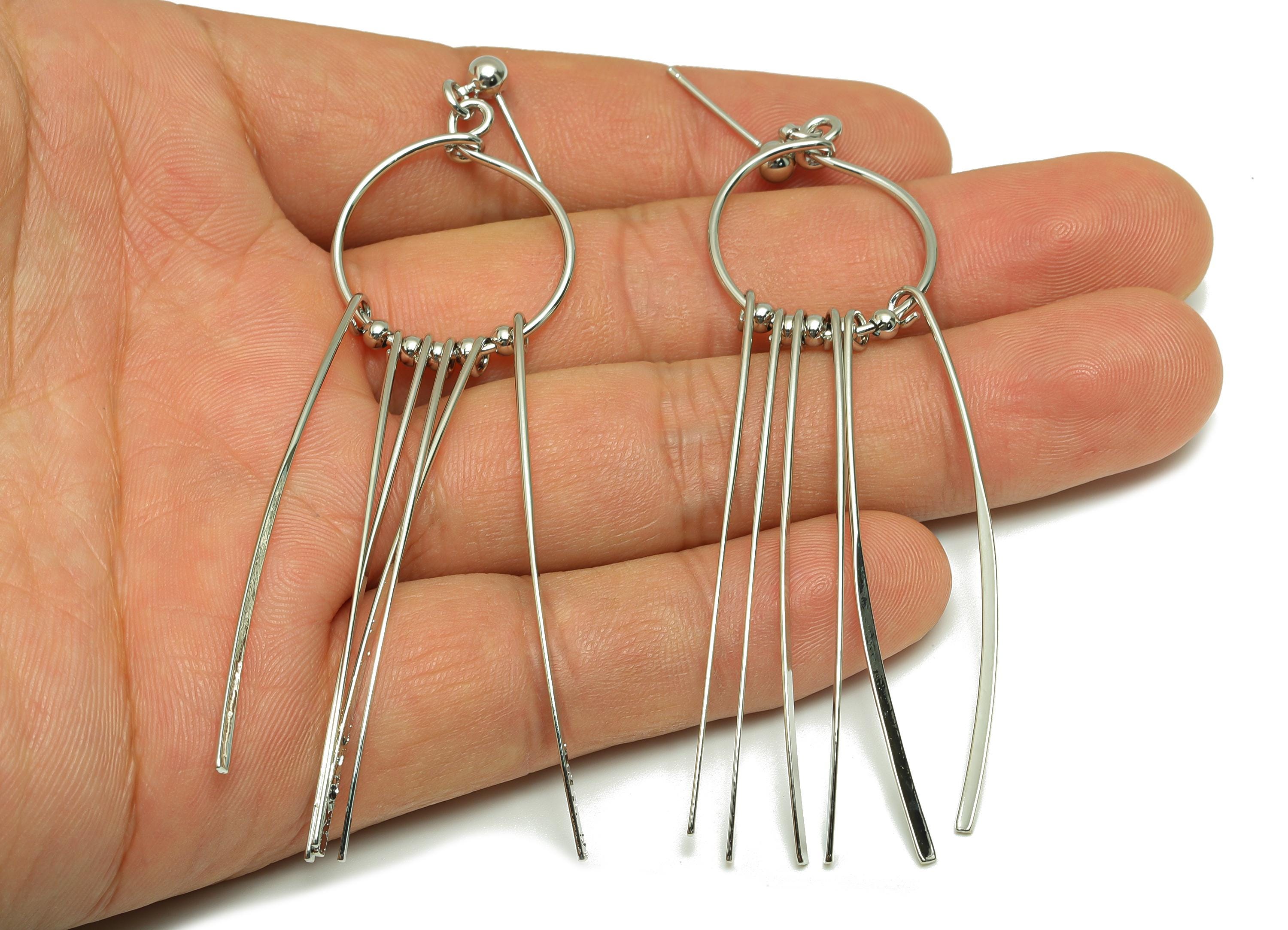 Dangle Tassel Earring Stud - Brass Boho Hammered Tassel Post - Layered Fringe Earring Bold Post - White Gold Plated - 82x22x4mm - RGP10112 - DOMEDBAZAAR