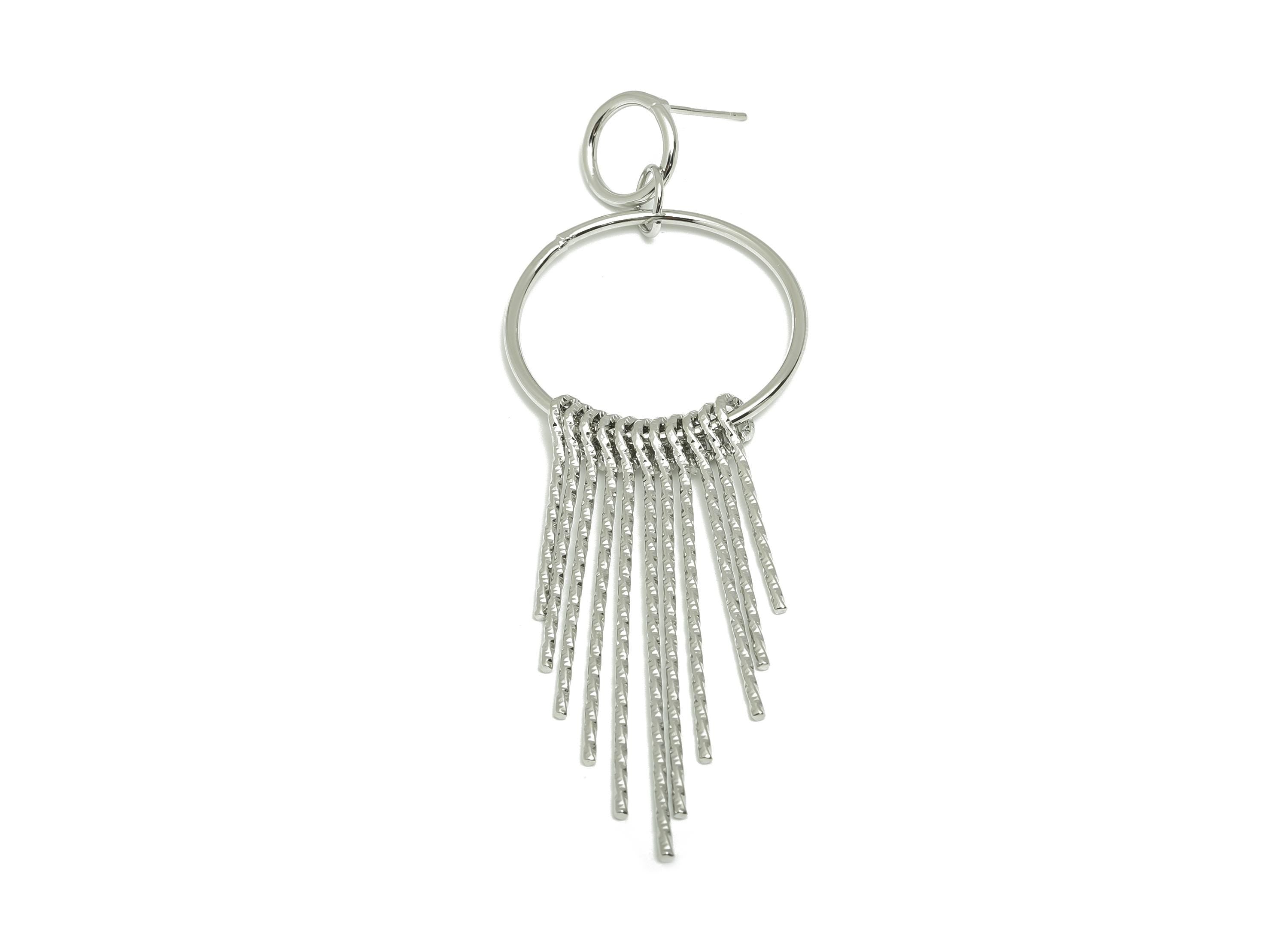 Dangle Tassel Earring - Brass Boho Textured Tassel Wire Post - Layered Fringe Earring Bold Post - White Gold Plated - 90x30x5mm - RGP10116 - DOMEDBAZAAR