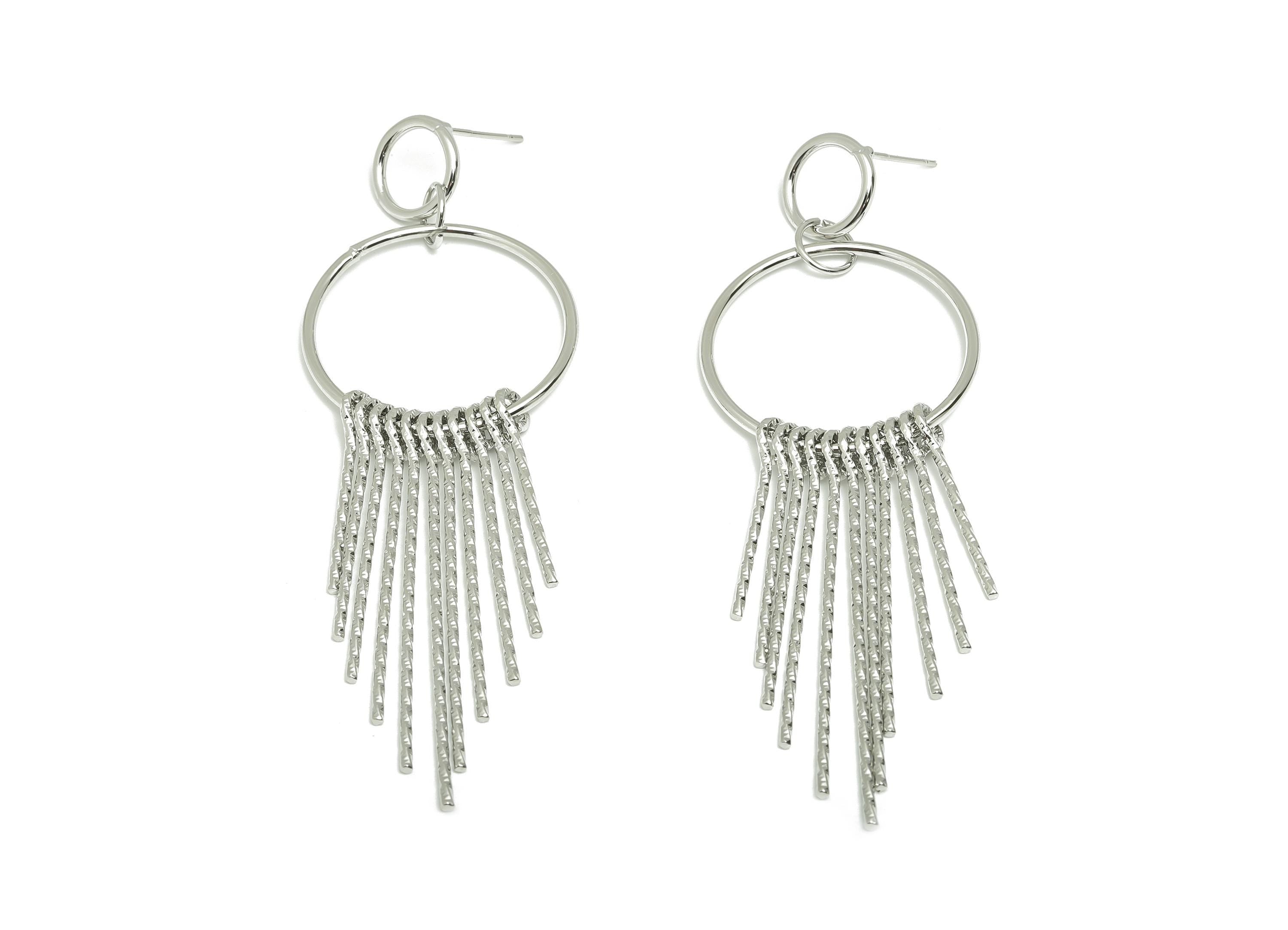 Dangle Tassel Earring - Brass Boho Textured Tassel Wire Post - Layered Fringe Earring Bold Post - White Gold Plated - 90x30x5mm - RGP10116 - DOMEDBAZAAR
