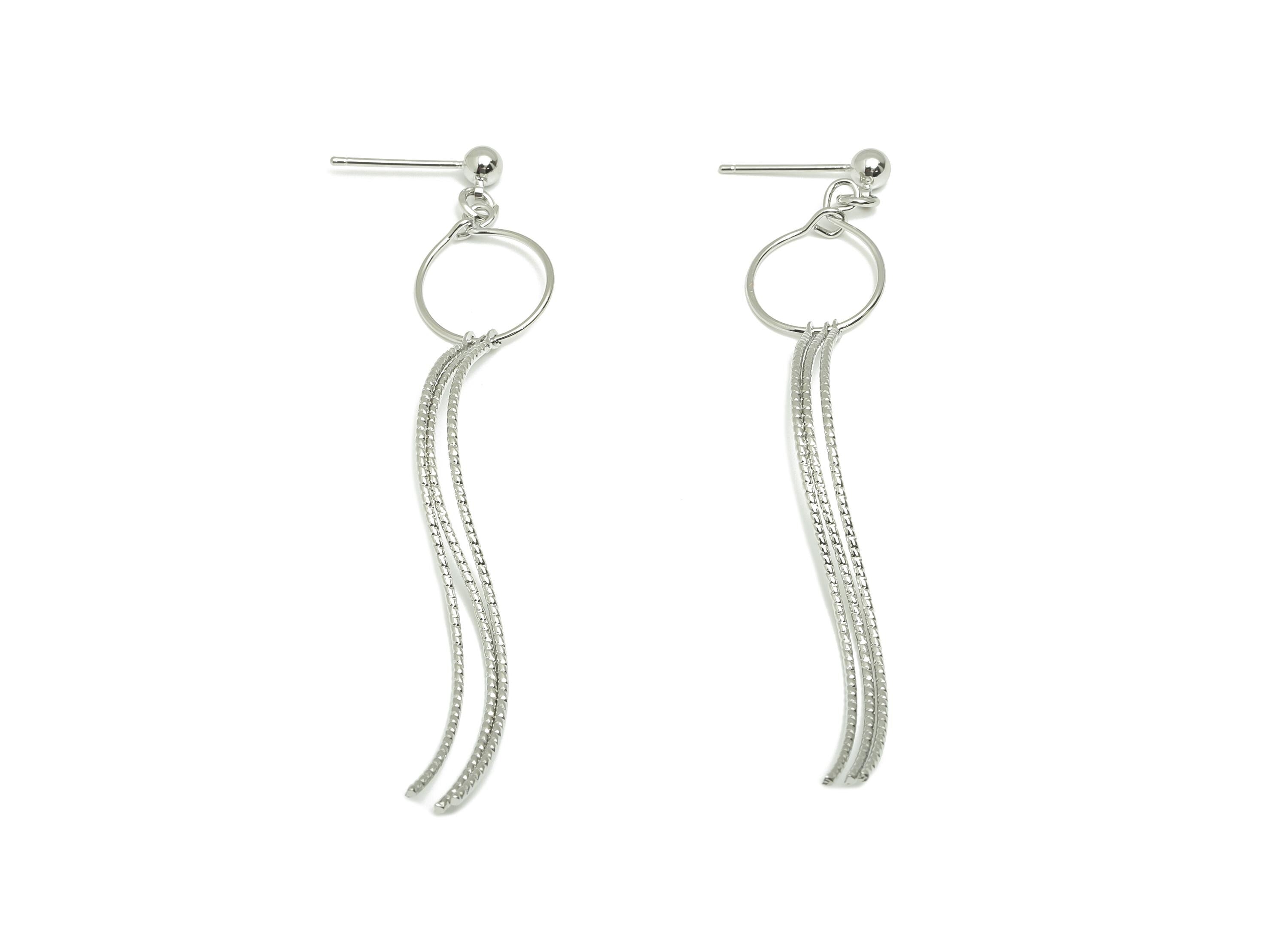 Dangle Tassel Earring Stud - Brass Boho Textured Tassel Wavy Wire Post - Dangle Fringe Earring Bold - White Gold Plated - 75x13x4mm-RGP10110 - DOMEDBAZAAR