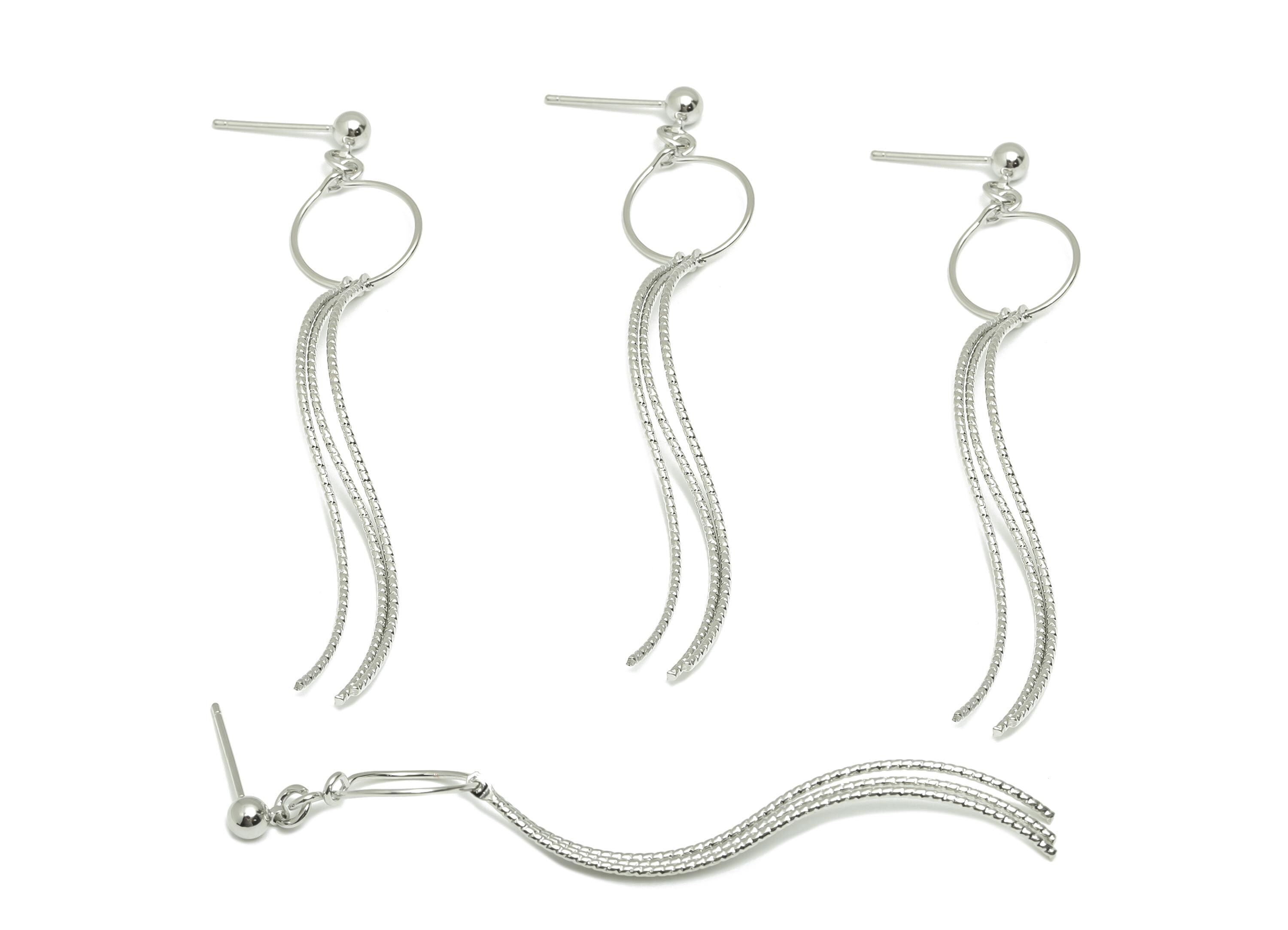 Dangle Tassel Earring Stud - Brass Boho Textured Tassel Wavy Wire Post - Dangle Fringe Earring Bold - White Gold Plated - 75x13x4mm-RGP10110 - DOMEDBAZAAR