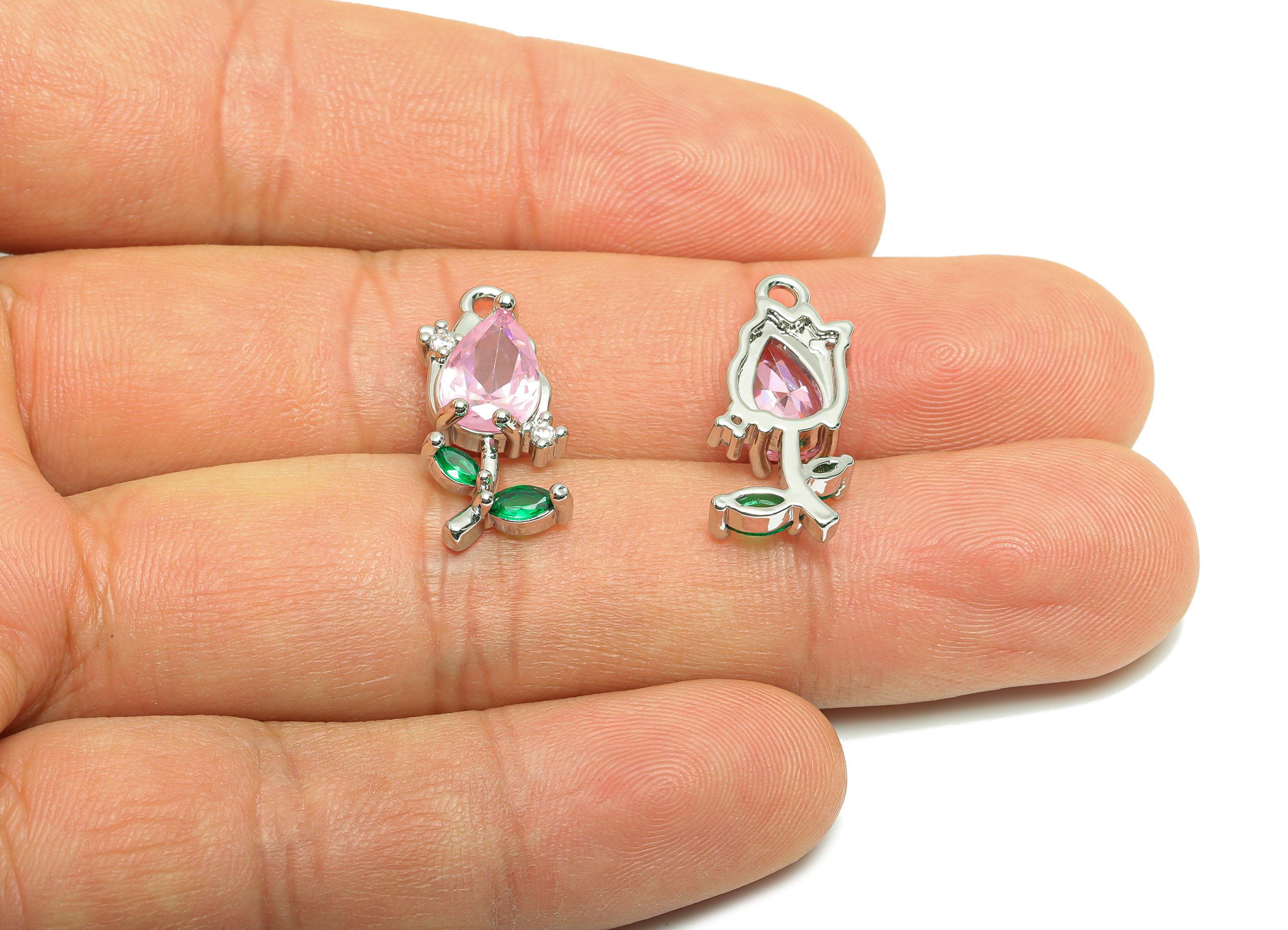 Rose Gemstone Pendant - Brass Zircon Vintage Pendant - Luxury Teardrop Crystal Elegant Jewelry - White Gold Plated - 21x9x4mm - RGP10129 - DOMEDBAZAAR