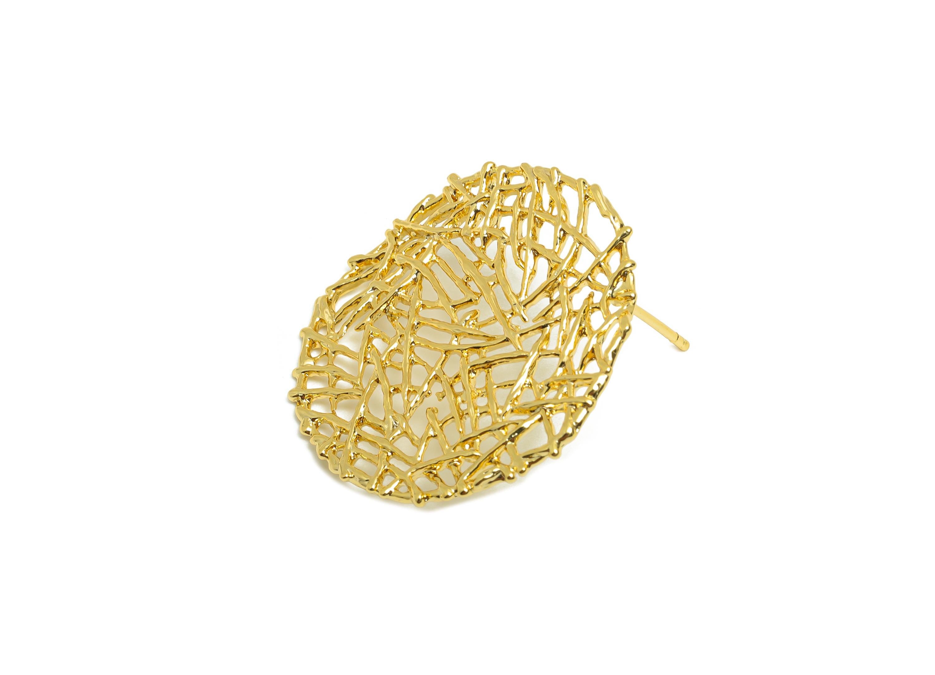 Brass Round Mesh Earring - Gold Textured Ear Post for Girls - Daily Wear Earring Stud - 18K Real Gold Plating - 29.29x29.29x1.47mm - RGP8980 - DOMEDBAZAAR
