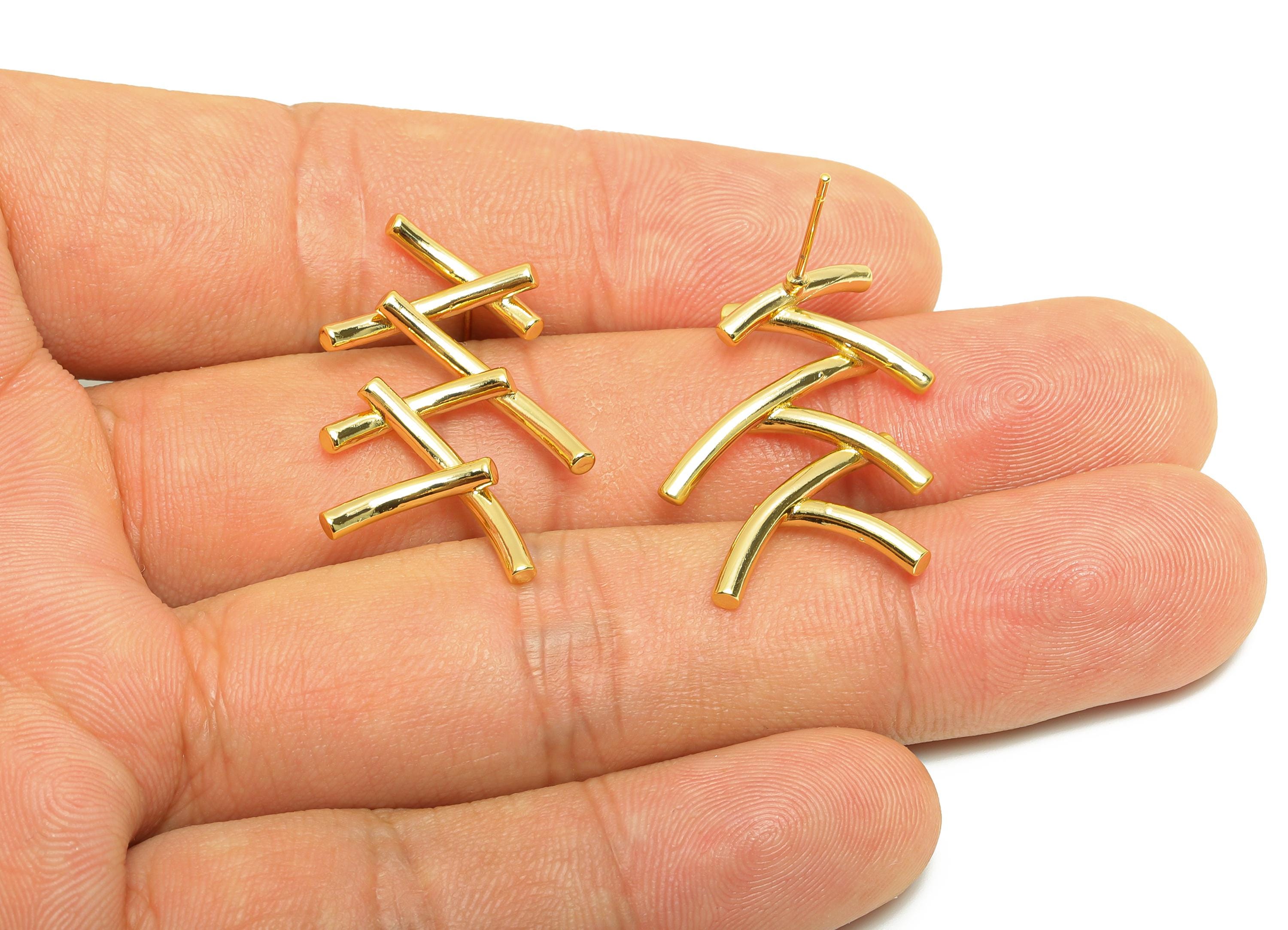 Brass Geometric Earring - Gold Intertwined Bar Ear Post for Girls - Daily Wear Earring - 18K Real Gold Plating -26.17x19.83x2.03mm - RGP8990 - DOMEDBAZAAR