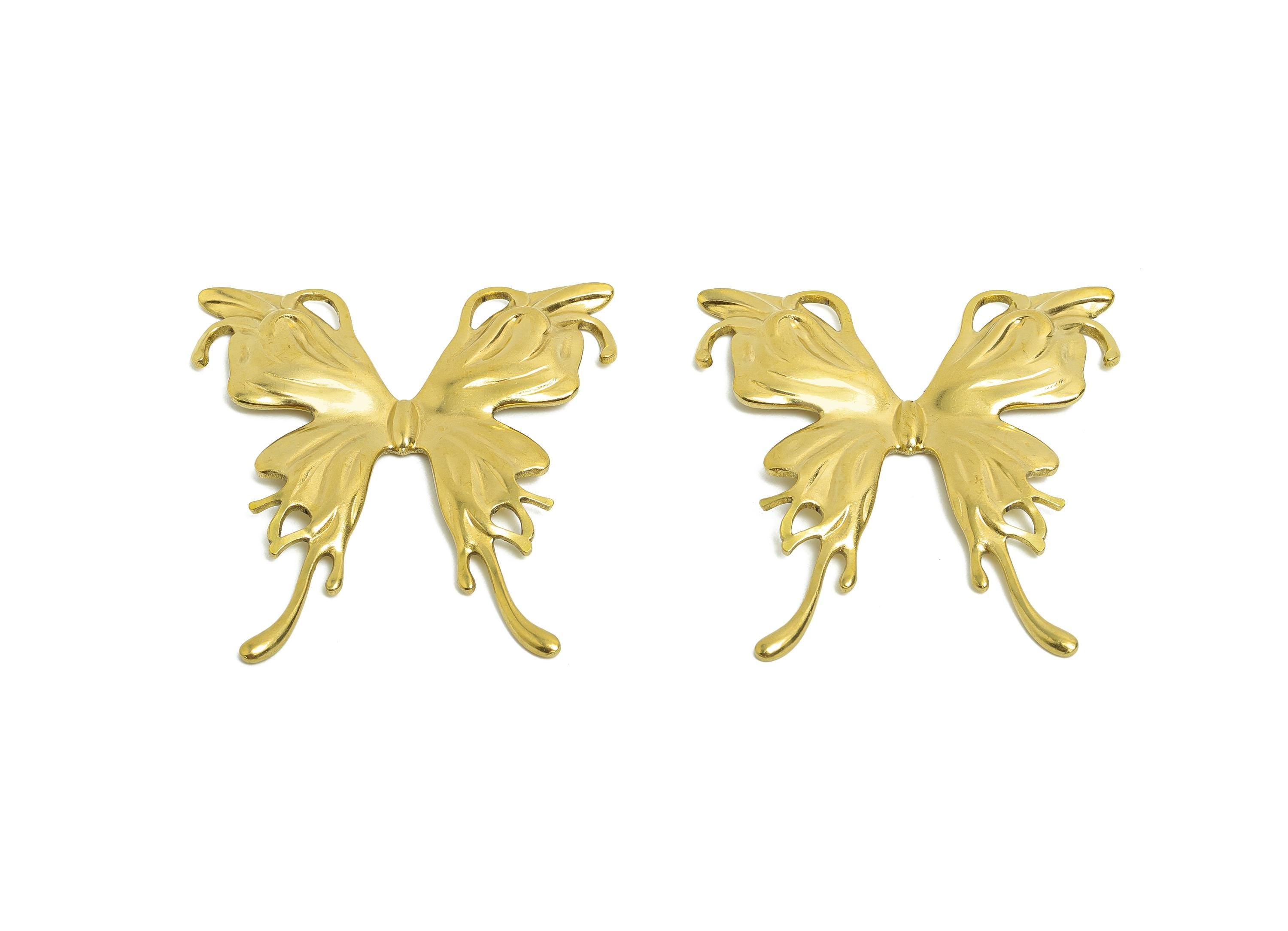 Brass Butterfly Earring Charm - Raw Brass Ornate Butterfly Flowing Wing - Decorative Butterfly Necklace - Elegant Pendant -43x41x2mm-PP10779 - DOMEDBAZAAR