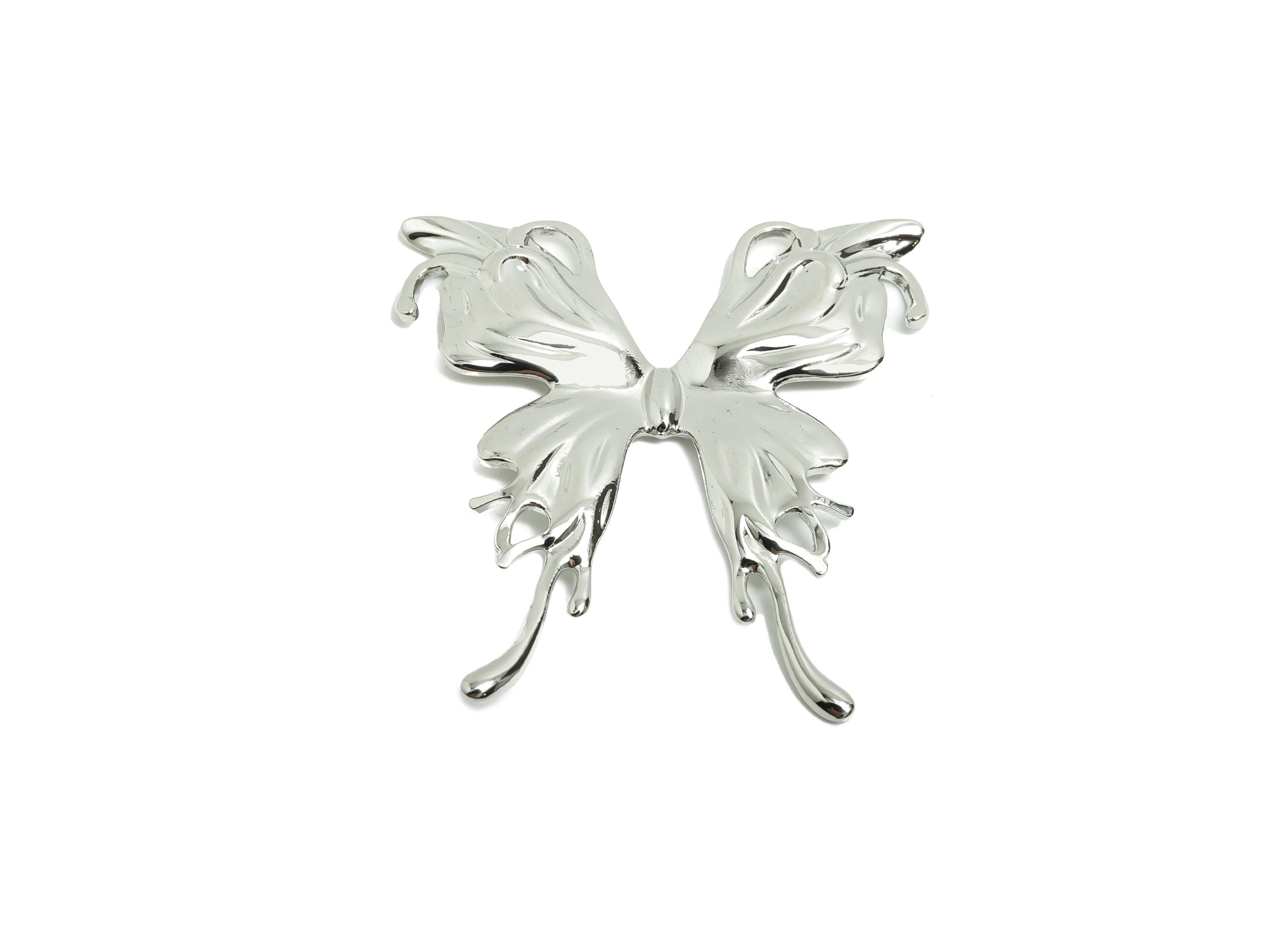 Brass Butterfly Earring Charm - Brass Ornate Butterfly Flowing Wing - Decorative Necklace - 18k Real White Gold Plating - 43x41x2mm-RGP10032 - DOMEDBAZAAR