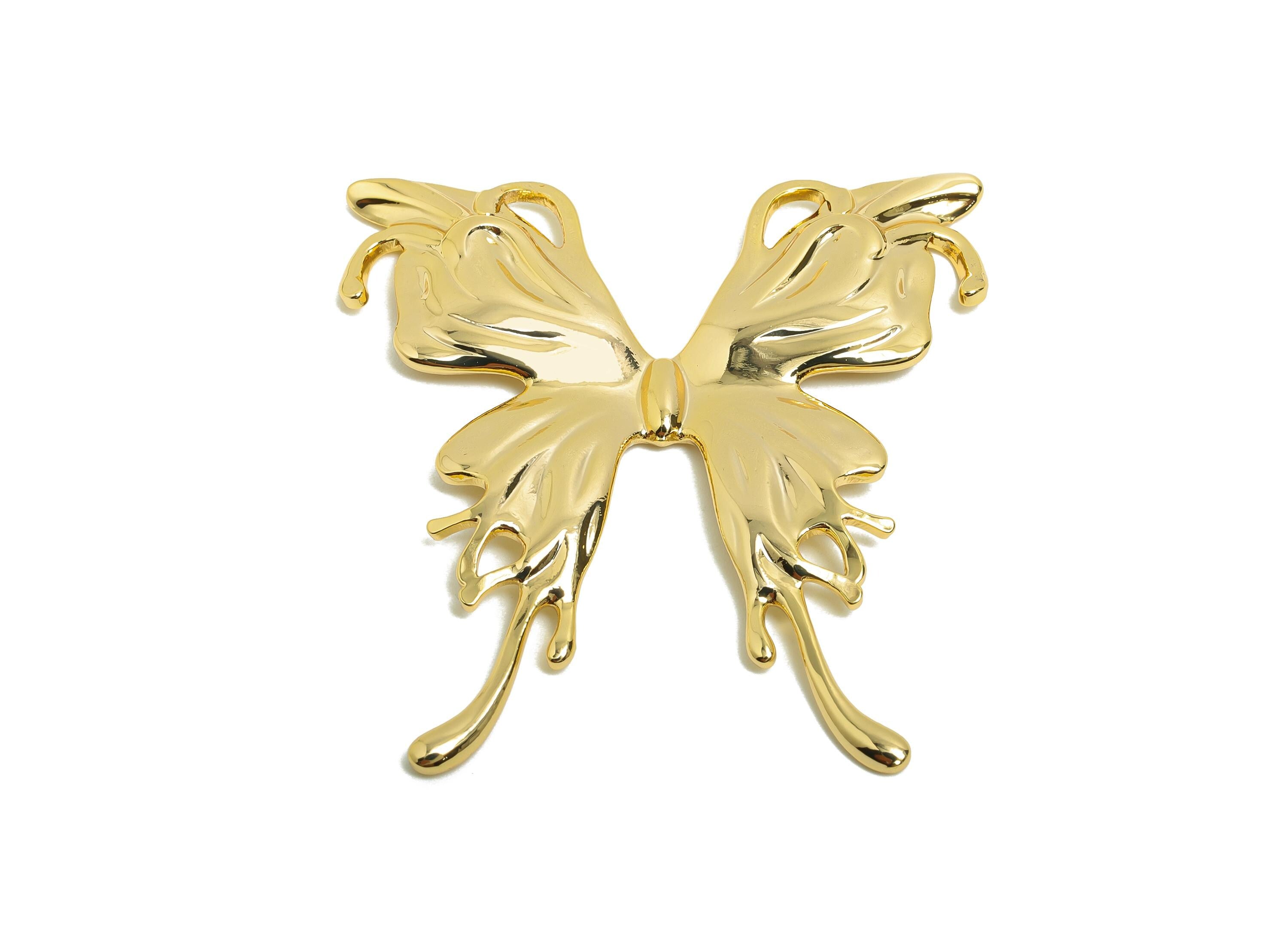 Brass Butterfly Earring Charm - Brass Ornate Butterfly Flowing Wing - Decorative Necklace - 18k Real Gold Plating - 43x41x2mm - RGP10033 - DOMEDBAZAAR
