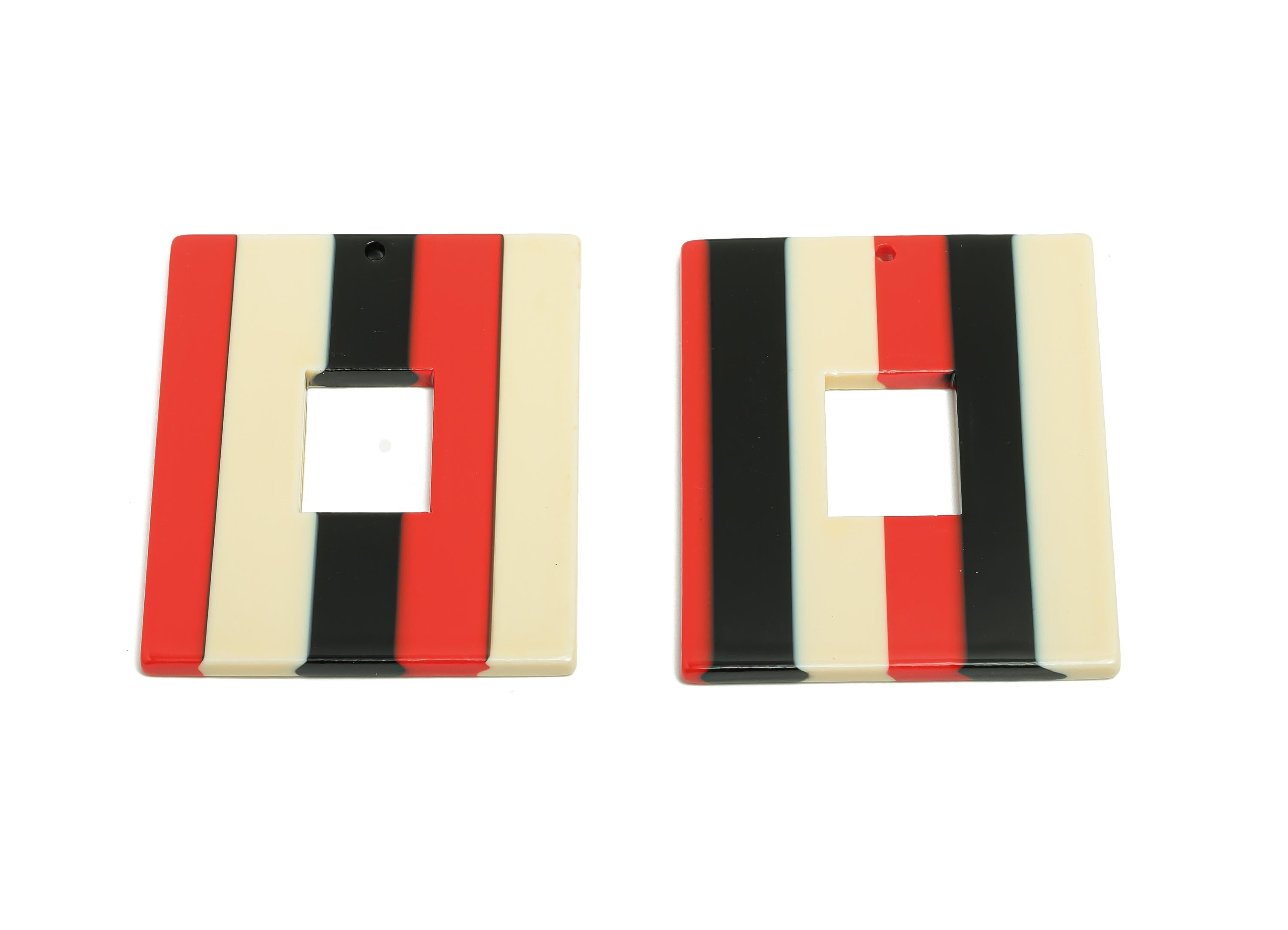 Acetic Acid Striped Charm - Bold Red Black Cream Geometric Charm - Modern Jewelry - Handmade Accessory - 48.92x39.65x2.54mm - AC2614-A1048 - DOMEDBAZAAR