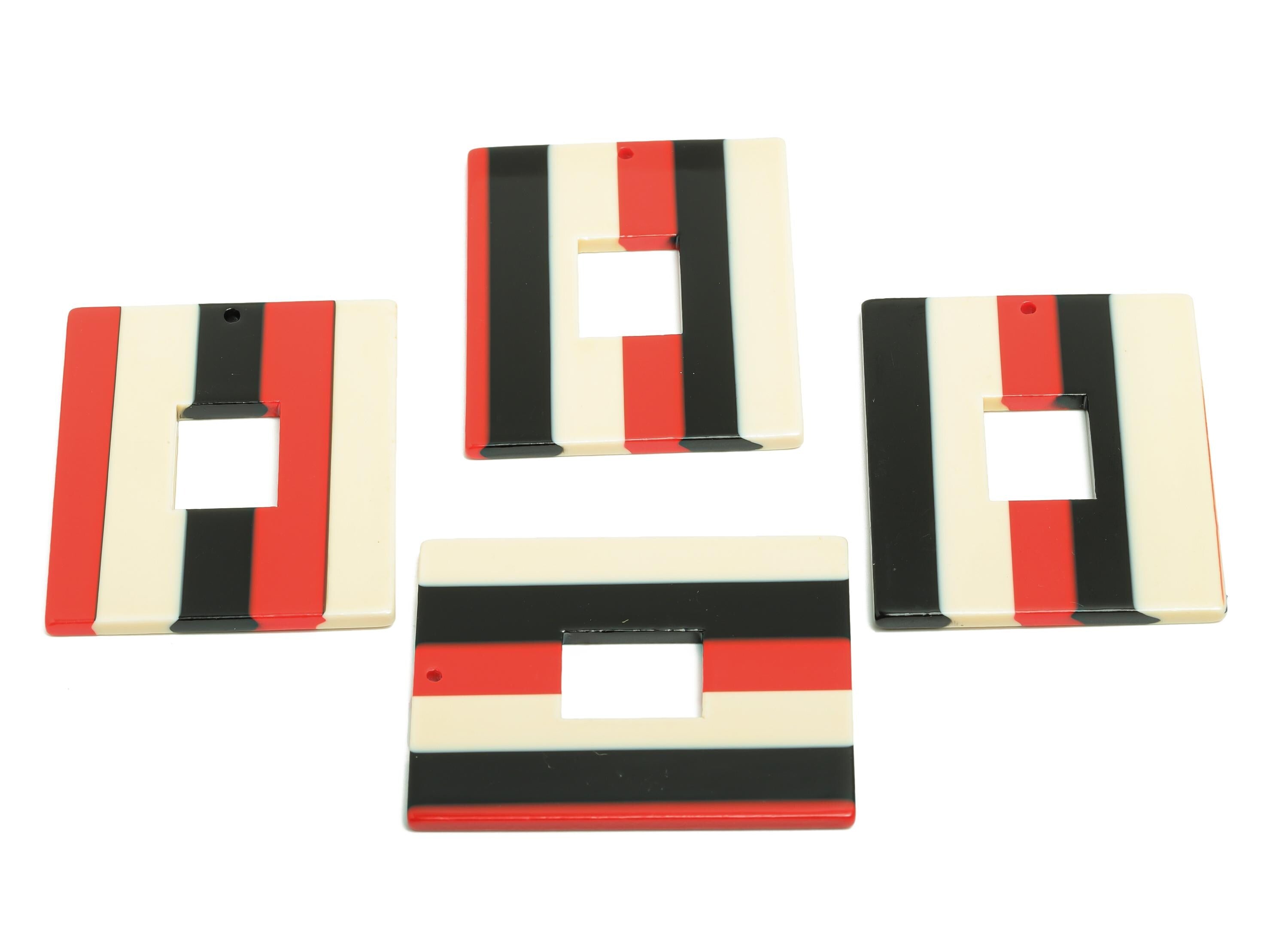 Acetic Acid Striped Charm - Bold Red Black Cream Geometric Charm - Modern Jewelry - Handmade Accessory - 48.92x39.65x2.54mm - AC2614-A1048 - DOMEDBAZAAR