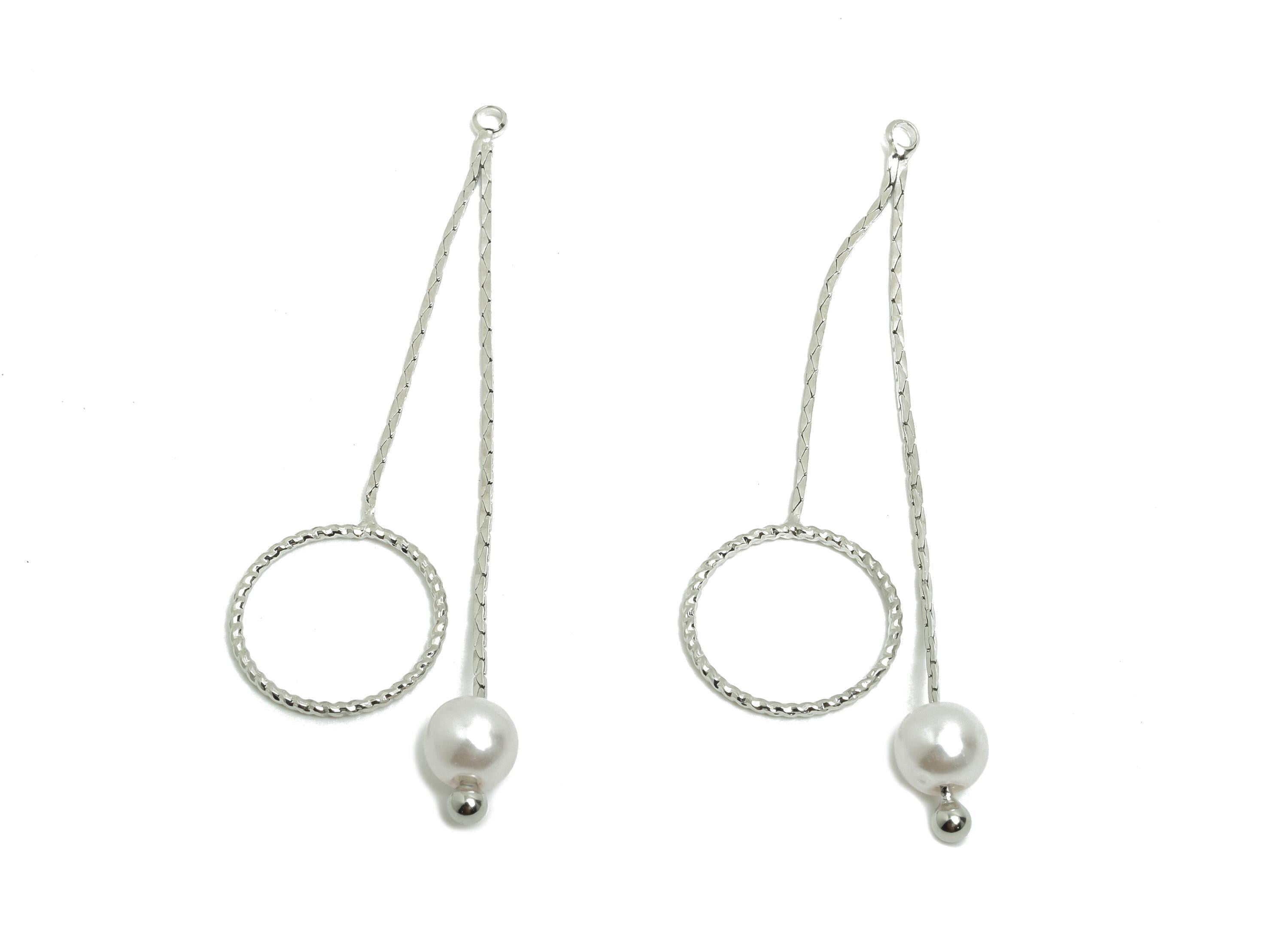 Pearl Dangle Earring Charm - Brass Drop Earring Pearl and Circle Charm - Unique Silver Earring Pearl Textured Circle - 48x19x1mm - RGP10005 - DOMEDBAZAAR