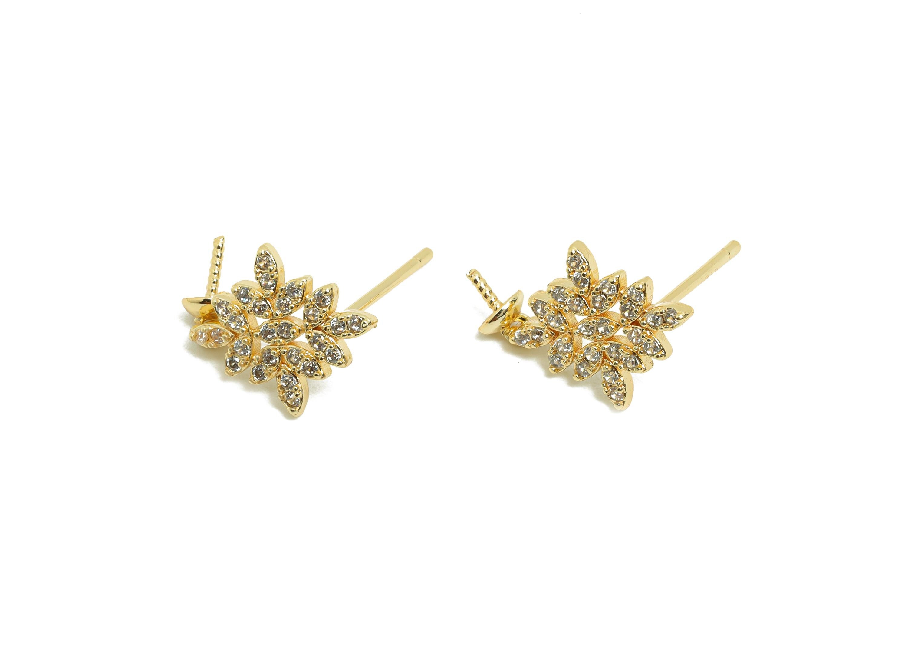 Brass Floral Earring Stud - Delicate Gold Flower Earrings with Zircon - Dainty Floral Stud Earring - Elegant Gold Stud - 17x10x3mm - RGP9969 - DOMEDBAZAAR