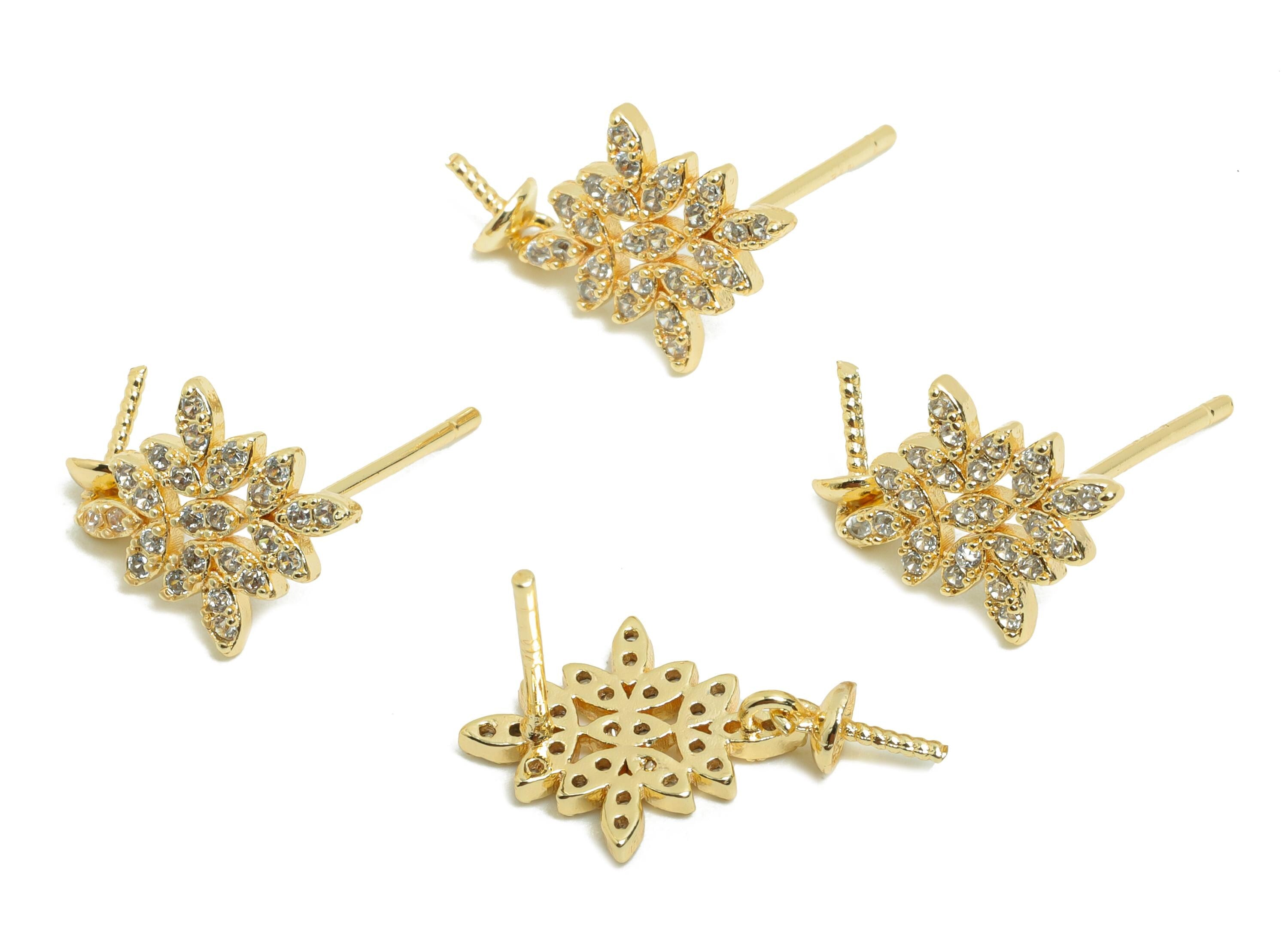Brass Floral Earring Stud - Delicate Gold Flower Earrings with Zircon - Dainty Floral Stud Earring - Elegant Gold Stud - 17x10x3mm - RGP9969 - DOMEDBAZAAR