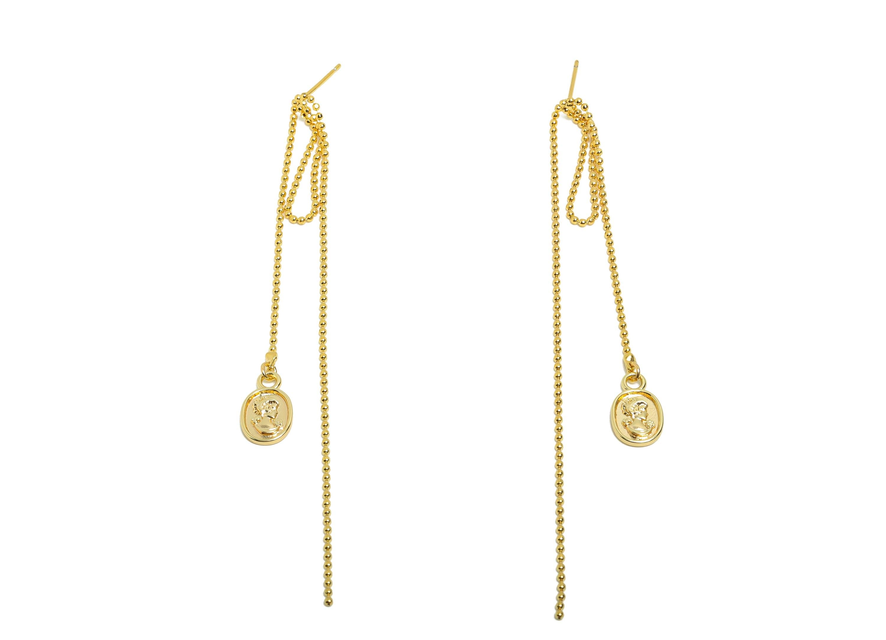 Brass Vintage Tassel Stud - Brass Elegant Gold Chain Earring Post - Gold Medallion Dangle Earring - Dainty  Coin Stud - 95x7.7x1mm - RGP9984 - DOMEDBAZAAR