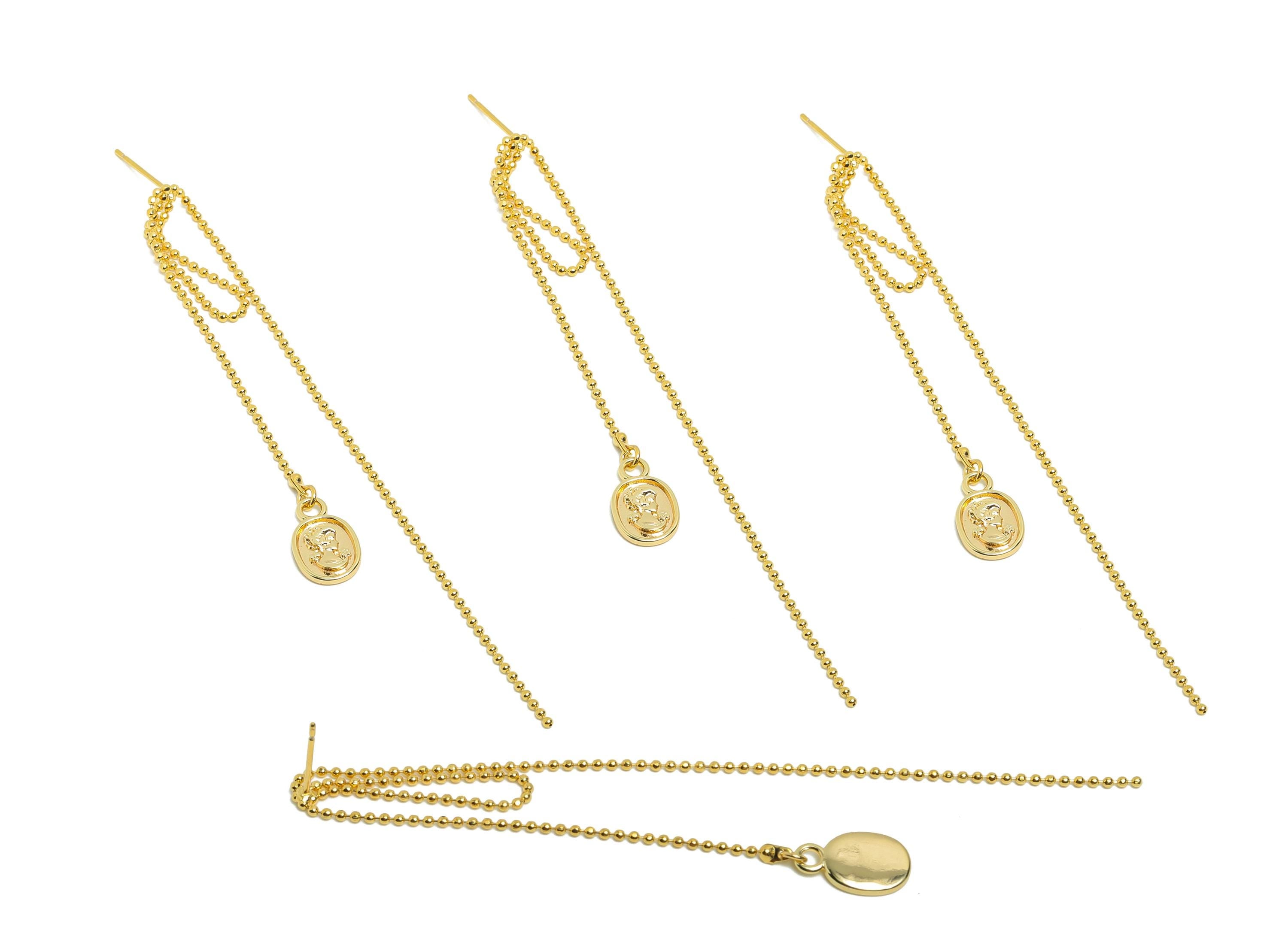 Brass Vintage Tassel Stud - Brass Elegant Gold Chain Earring Post - Gold Medallion Dangle Earring - Dainty  Coin Stud - 95x7.7x1mm - RGP9984 - DOMEDBAZAAR