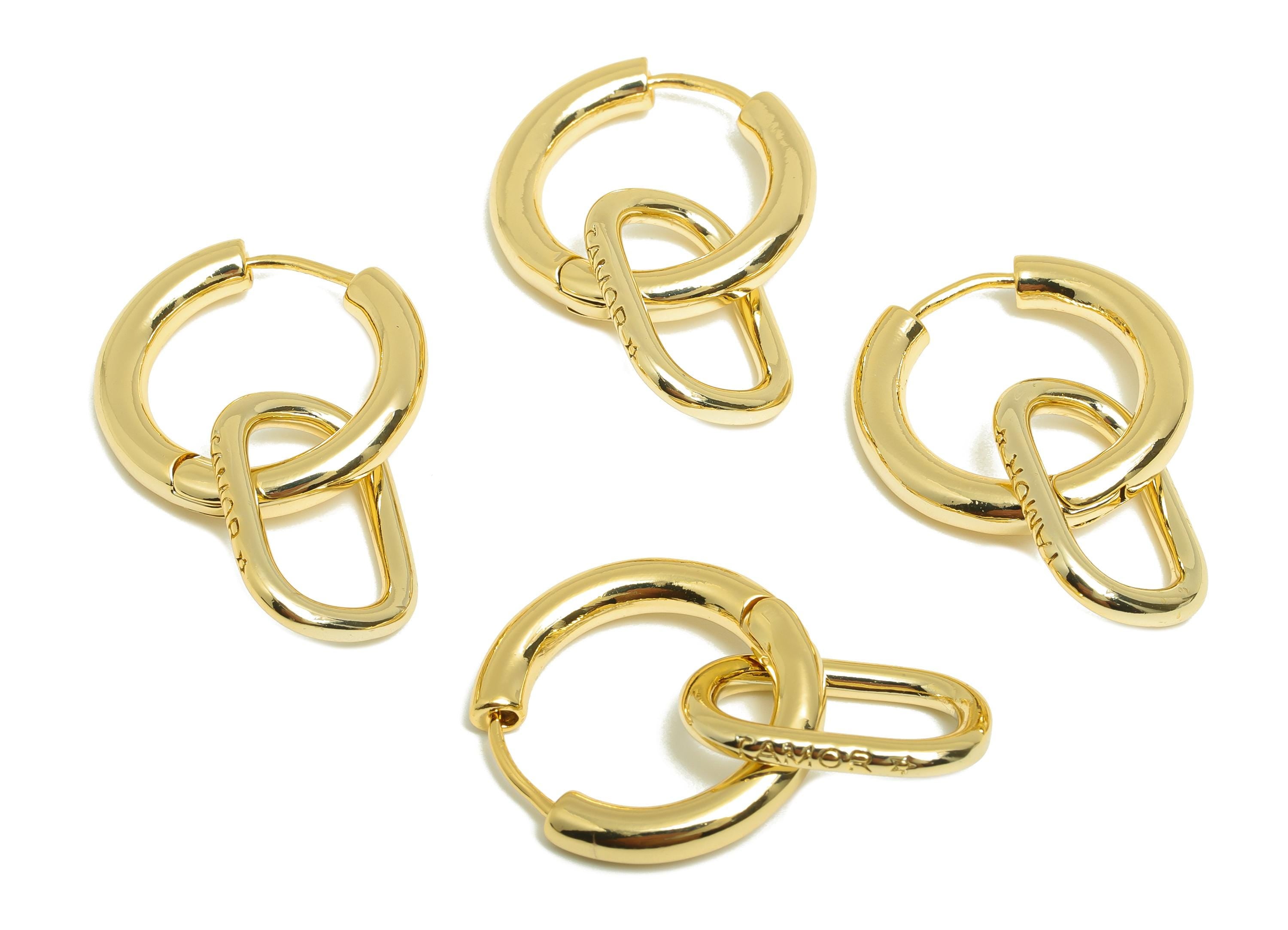 Brass Hoop Dangle Earring - Gold Rectangle Huggie Dangle Earring - Daily Wear Earring - 18K Real Gold Plating - 23.11x21.74x3.57mm - RGP9010 - DOMEDBAZAAR