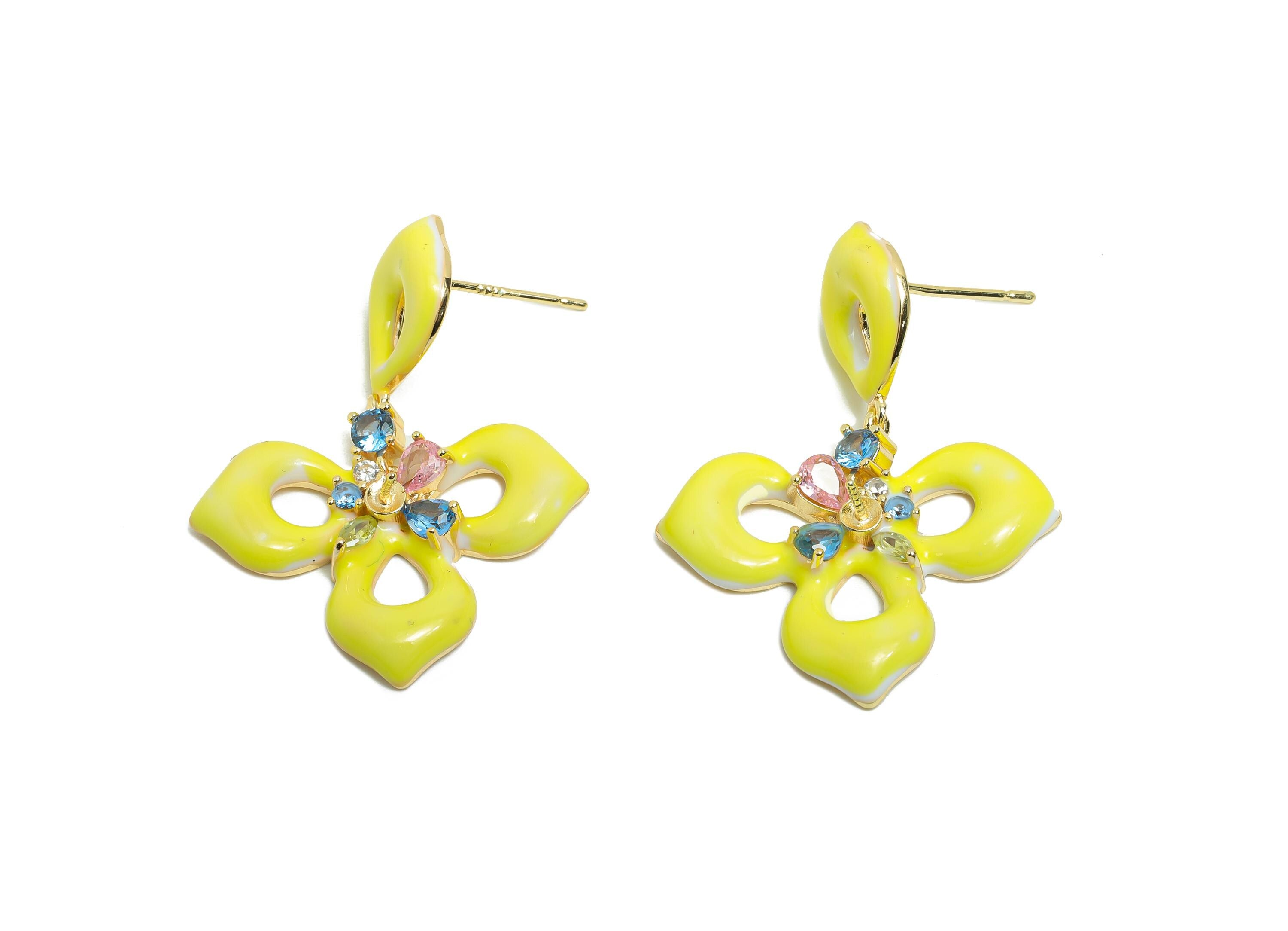 Bold Enamel Floral Earring - Zircon Enamel Earring Post - Fashionable Floral Drop Earring Crystals - Artistic Earring  - 35x26x4mm - RGP9971 - DOMEDBAZAAR